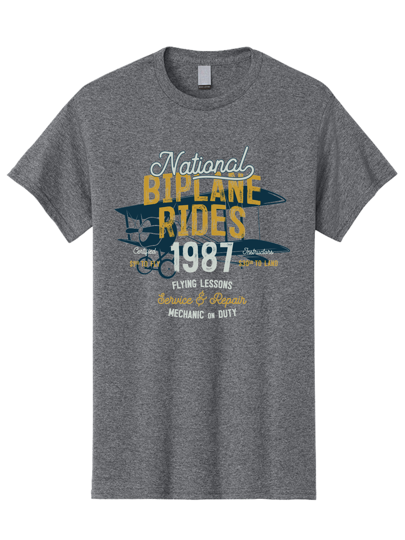 National-Biplane-Rides Men'S Graphic Tee, 100% Cotton, Comfortable Casual Summer Wear, Machine Washable, Vintage Airplane, Biplane Rides, Flying Lessons, Certified Instructors, Service And Repair, Mechanic On Duty, Aviation Experience, 1987, Aab946 23