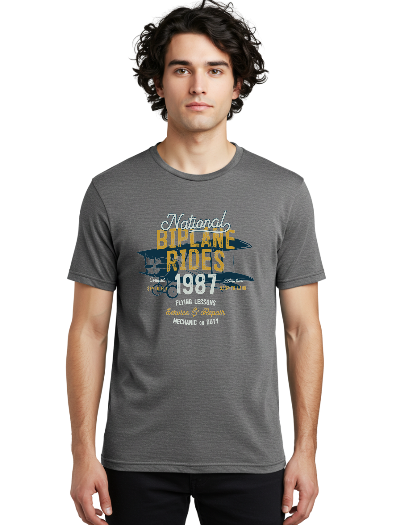 National-Biplane-Rides Men'S Graphic Tee, 100% Cotton, Comfortable Casual Summer Wear, Machine Washable, Vintage Airplane, Biplane Rides, Flying Lessons, Certified Instructors, Service And Repair, Mechanic On Duty, Aviation Experience, 1987, Aab946 24
