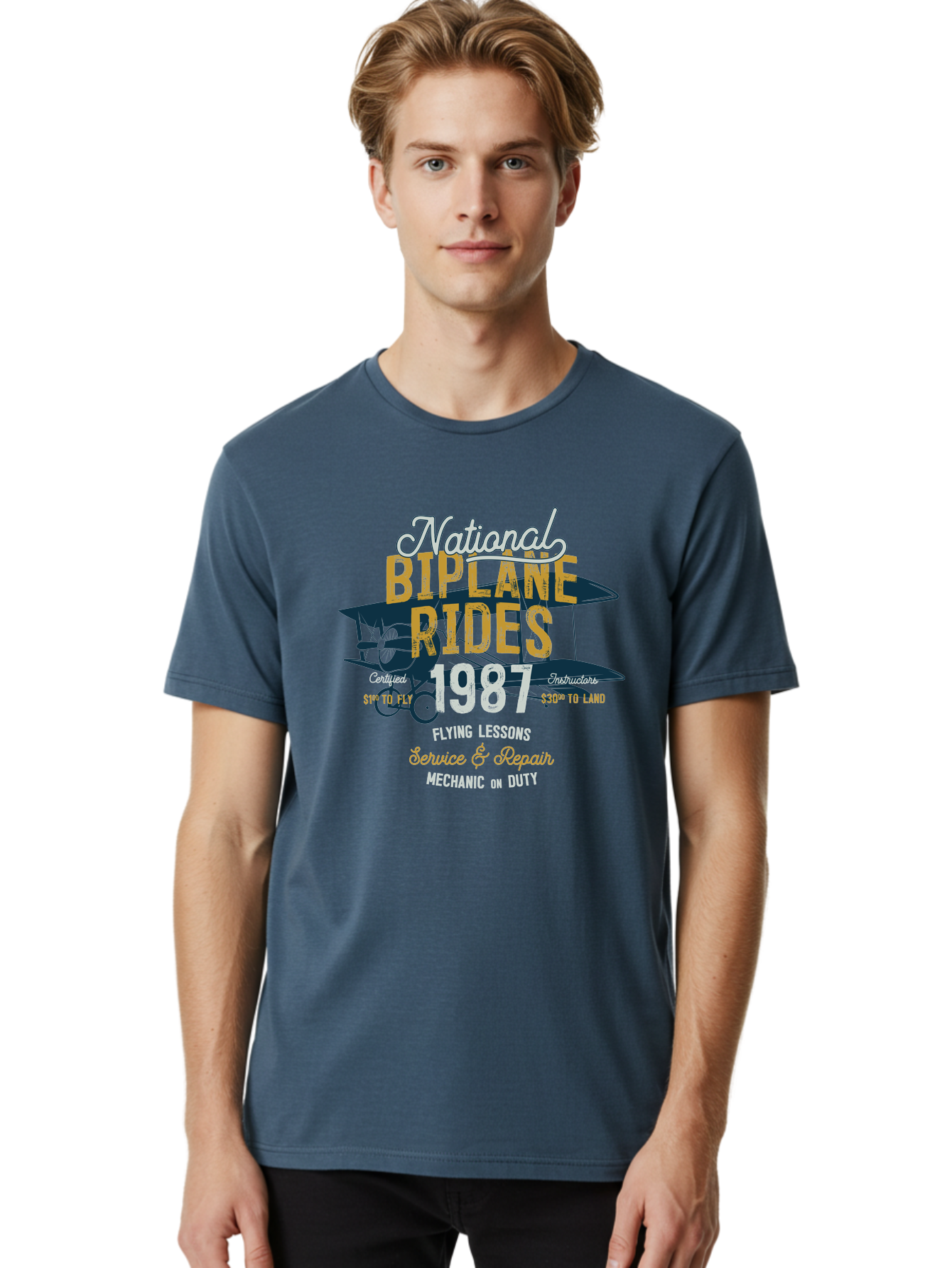 National-Biplane-Rides Men'S Graphic Tee, 100% Cotton, Comfortable Casual Summer Wear, Machine Washable, Vintage Airplane, Biplane Rides, Flying Lessons, Certified Instructors, Service And Repair, Mechanic On Duty, Aviation Experience, 1987, Aab946 10
