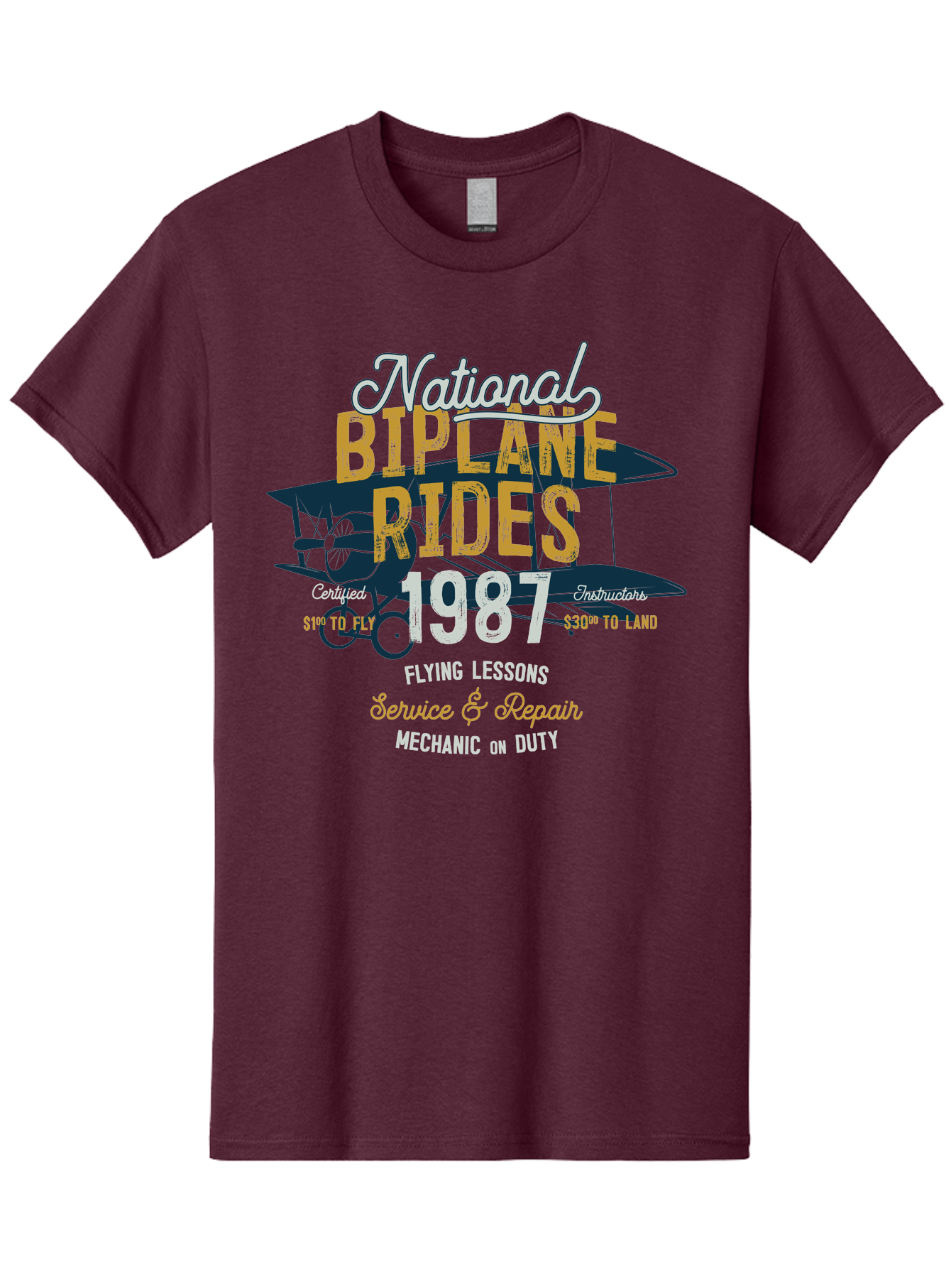 National-Biplane-Rides Men'S Graphic Tee, 100% Cotton, Comfortable Casual Summer Wear, Machine Washable, Vintage Airplane, Biplane Rides, Flying Lessons, Certified Instructors, Service And Repair, Mechanic On Duty, Aviation Experience, 1987, Aab946 27