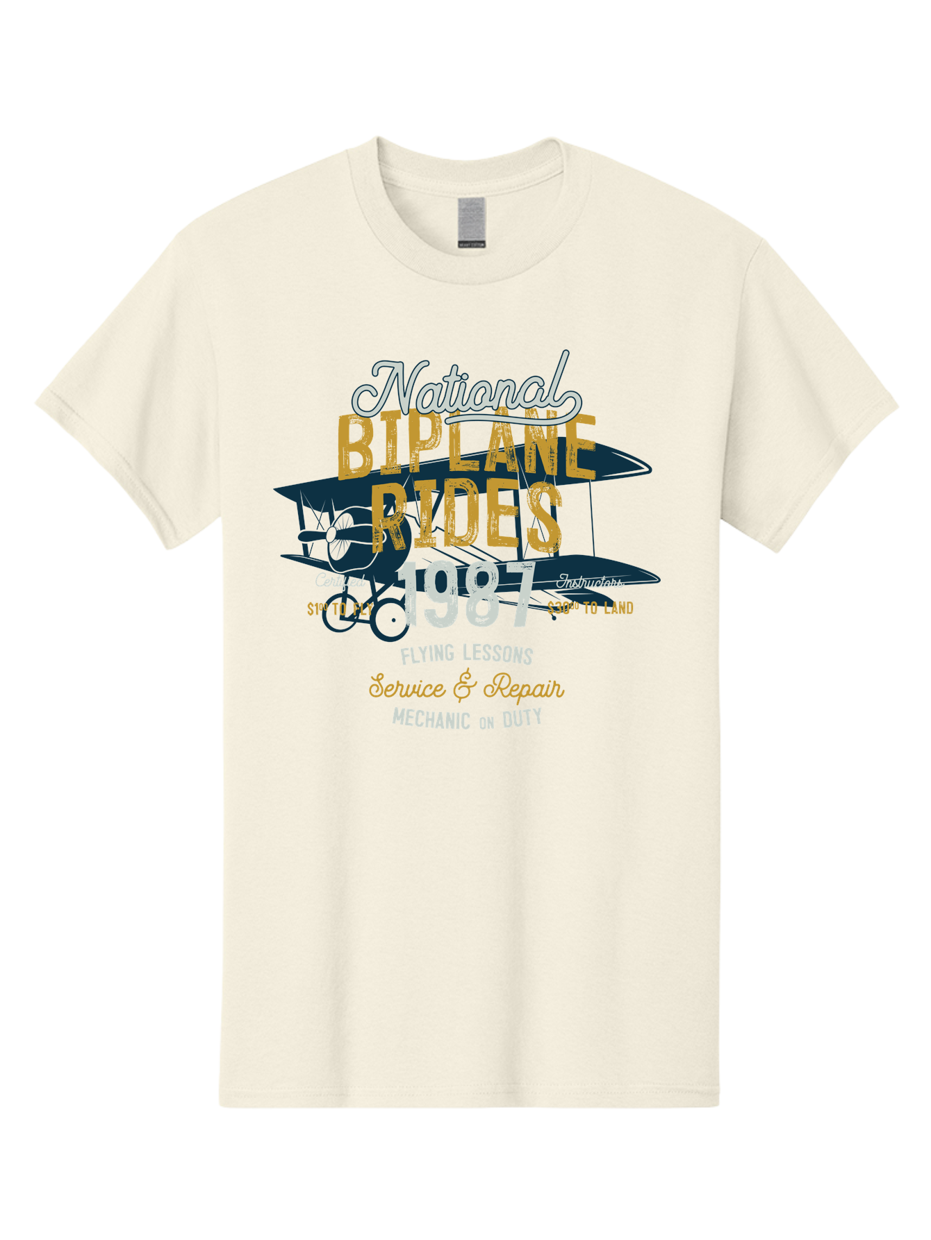 National-Biplane-Rides Men'S Graphic Tee, 100% Cotton, Comfortable Casual Summer Wear, Machine Washable, Vintage Airplane, Biplane Rides, Flying Lessons, Certified Instructors, Service And Repair, Mechanic On Duty, Aviation Experience, 1987, Aab946 15