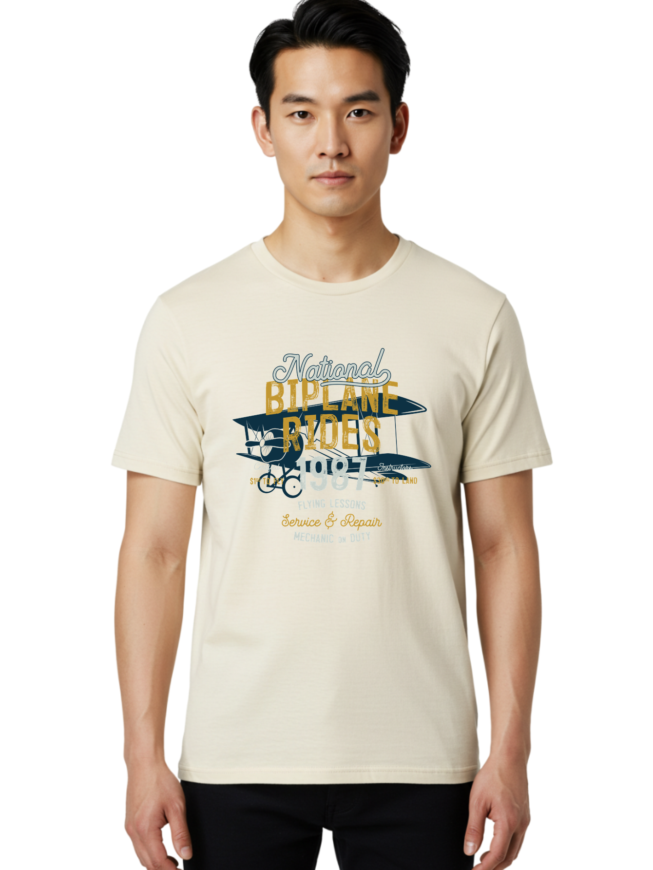National-Biplane-Rides Men'S Graphic Tee, 100% Cotton, Comfortable Casual Summer Wear, Machine Washable, Vintage Airplane, Biplane Rides, Flying Lessons, Certified Instructors, Service And Repair, Mechanic On Duty, Aviation Experience, 1987, Aab946 16