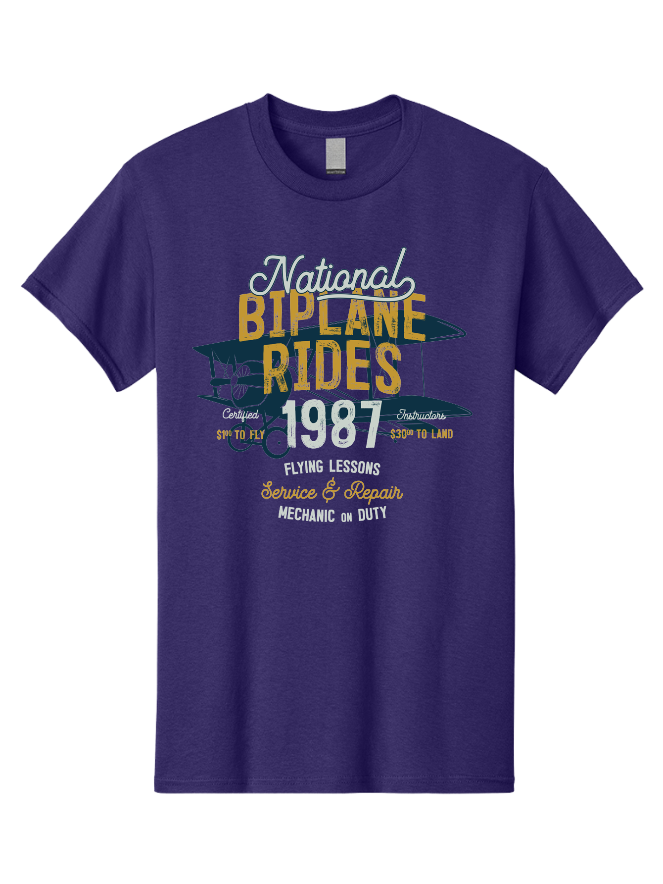 National-Biplane-Rides Men'S Graphic Tee, 100% Cotton, Comfortable Casual Summer Wear, Machine Washable, Vintage Airplane, Biplane Rides, Flying Lessons, Certified Instructors, Service And Repair, Mechanic On Duty, Aviation Experience, 1987, Aab946 25
