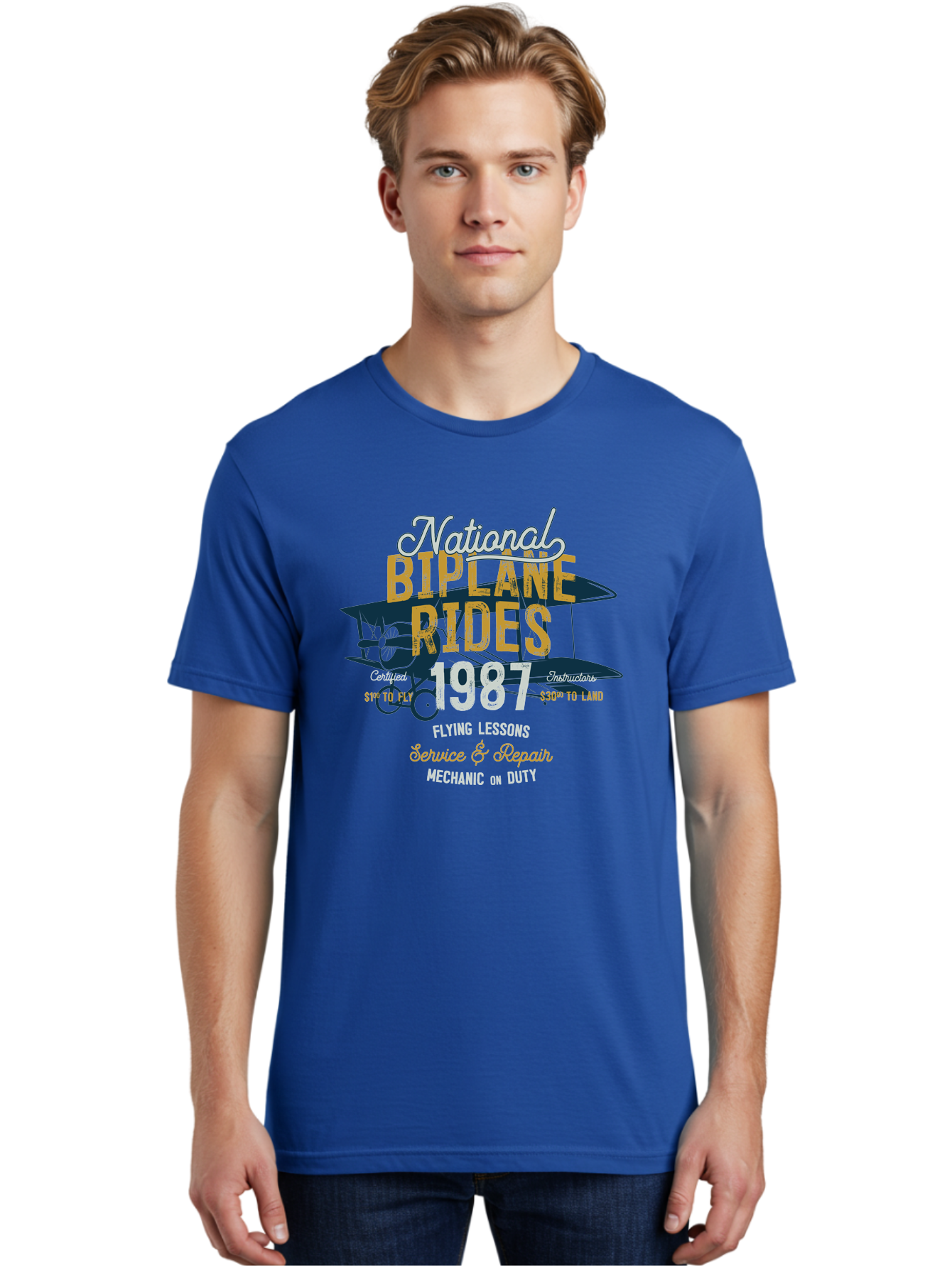 National-Biplane-Rides Men'S Graphic Tee, 100% Cotton, Comfortable Casual Summer Wear, Machine Washable, Vintage Airplane, Biplane Rides, Flying Lessons, Certified Instructors, Service And Repair, Mechanic On Duty, Aviation Experience, 1987, Aab946 4