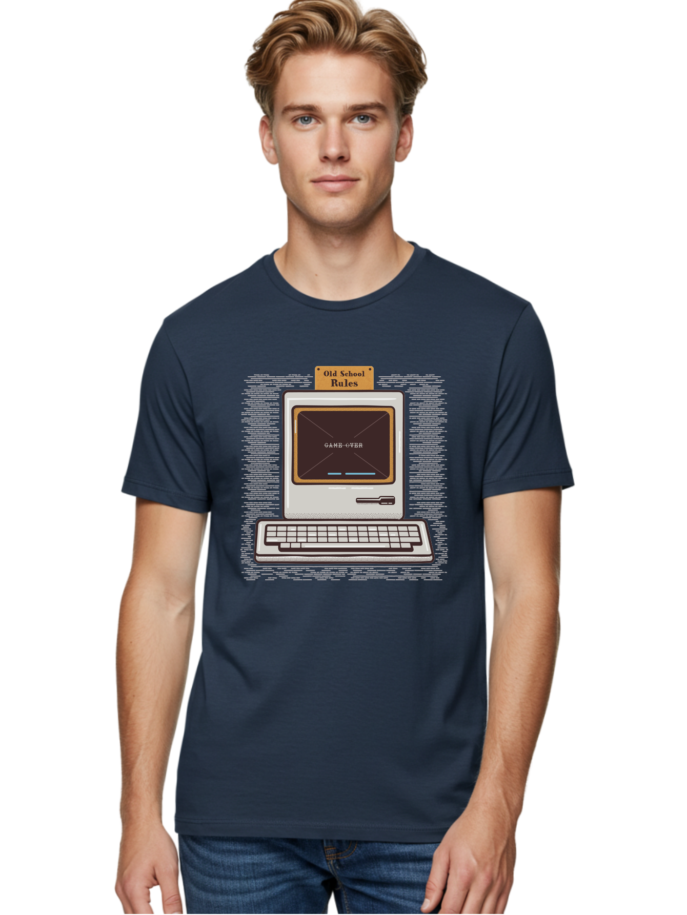 Old-School-Rules Men'S Graphic Tee, 100% Cotton, Comfortable Casual Summer Wear, Machine Washable, Retro Computer, Old School Gaming, Classic Video Games, Game Over Screen, Nostalgic Tech, Vintage Computer Graphics, Pixel Art, Aab950 30