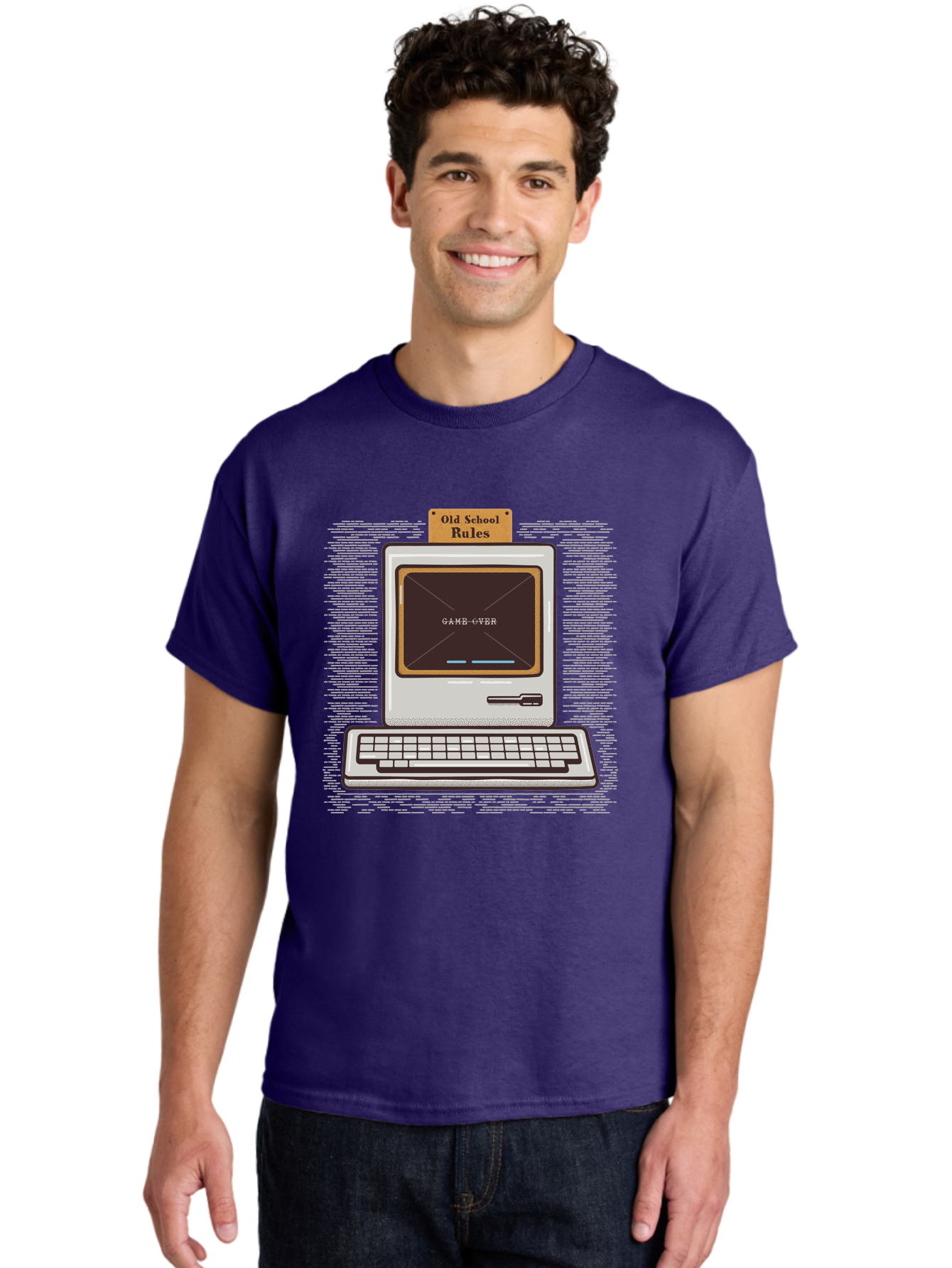 Old-School-Rules Men'S Graphic Tee, 100% Cotton, Comfortable Casual Summer Wear, Machine Washable, Retro Computer, Old School Gaming, Classic Video Games, Game Over Screen, Nostalgic Tech, Vintage Computer Graphics, Pixel Art, Aab950 2