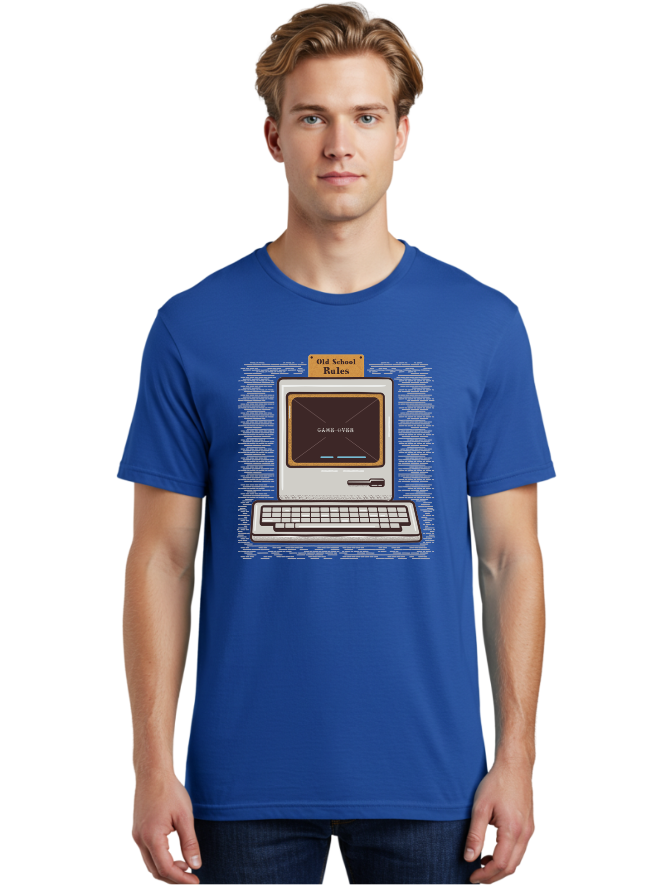 Old-School-Rules Men'S Graphic Tee, 100% Cotton, Comfortable Casual Summer Wear, Machine Washable, Retro Computer, Old School Gaming, Classic Video Games, Game Over Screen, Nostalgic Tech, Vintage Computer Graphics, Pixel Art, Aab950 18