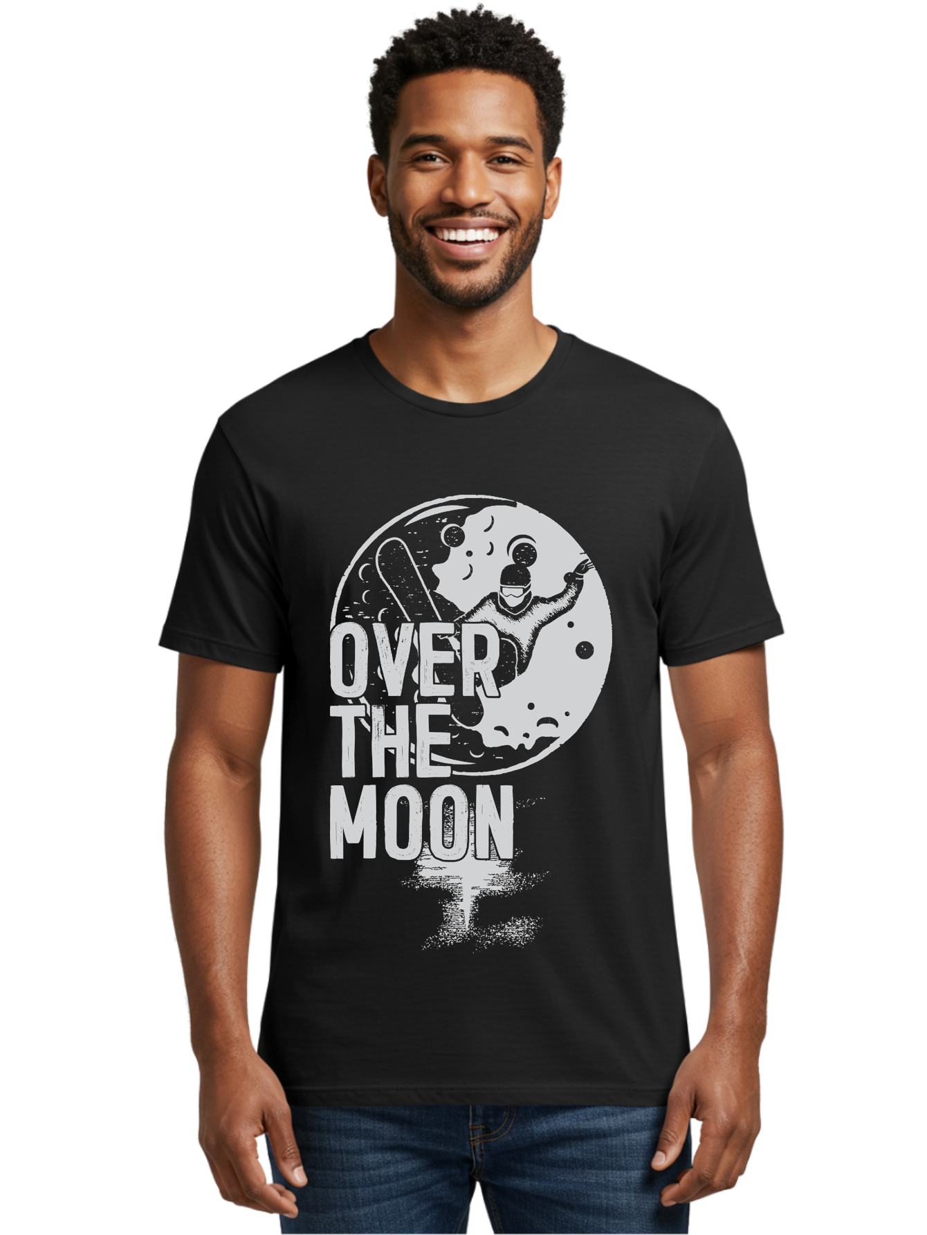 Over-The-Moon Men'S Graphic Tee, 100% Cotton, Comfortable Casual Summer Wear, Machine Washable, Moon Graphic, Astronaut Illustration, Space Exploration, Moon Landing, Celestial Body, Over The Moon Text, Retro-Futuristic Design, Aab951 8