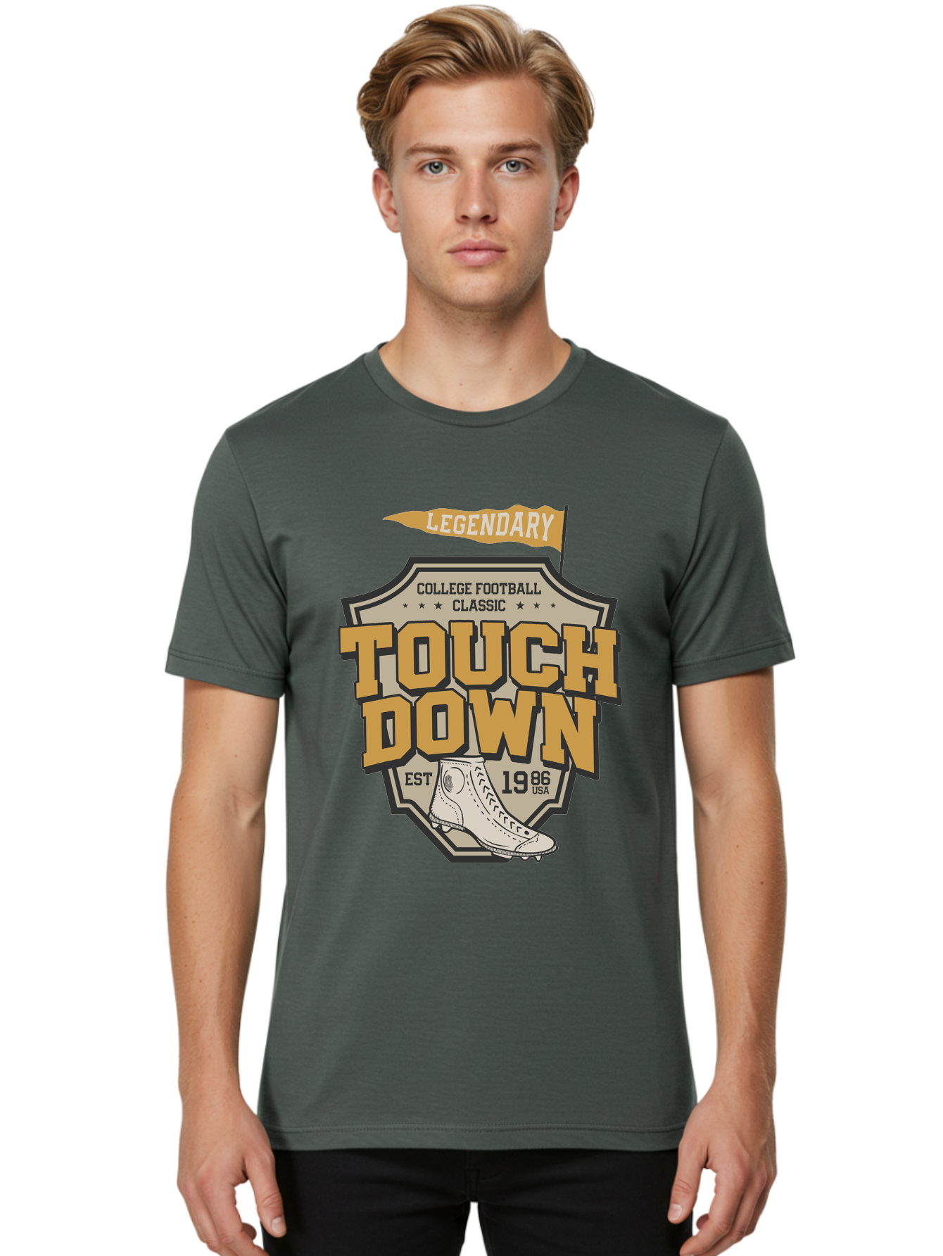 Touch-Down Men'S Graphic Tee, 100% Cotton, Comfortable Casual Summer Wear, Machine Washable, College Football, Touchdown, Classic Football, Legendary Sports, 1986 Usa, Football Cleats, Vintage Football Aab954 28