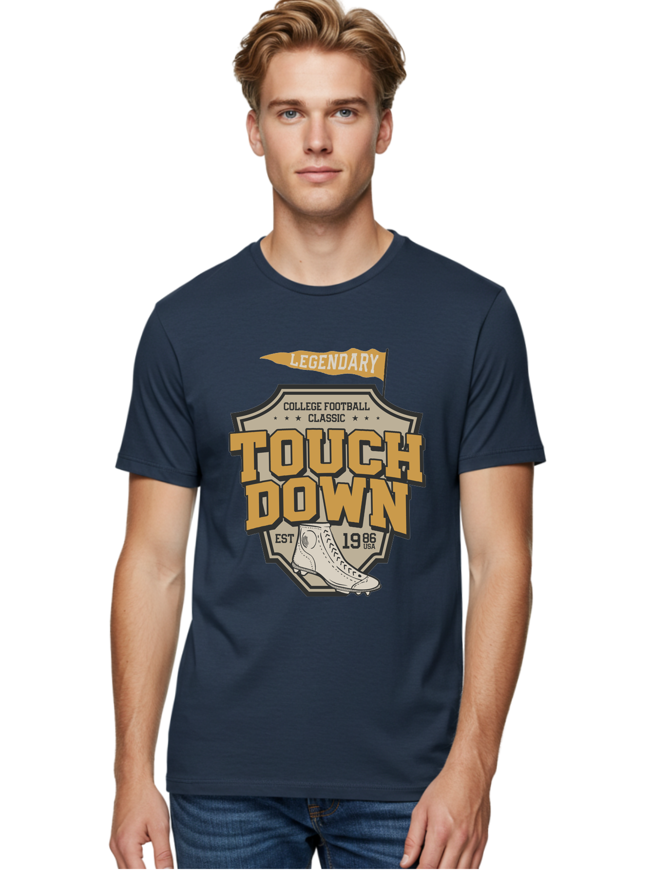Touch-Down Men'S Graphic Tee, 100% Cotton, Comfortable Casual Summer Wear, Machine Washable, College Football, Touchdown, Classic Football, Legendary Sports, 1986 Usa, Football Cleats, Vintage Football Aab954 10