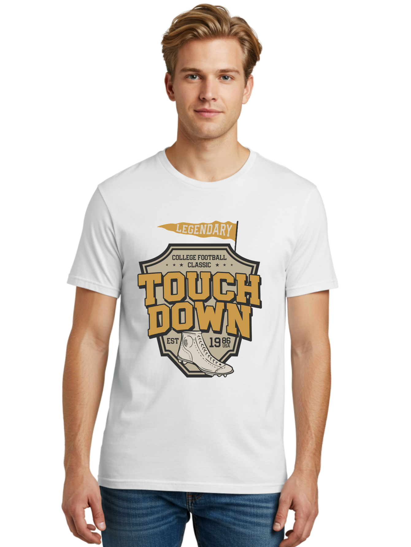 Touch-Down Men'S Graphic Tee, 100% Cotton, Comfortable Casual Summer Wear, Machine Washable, College Football, Touchdown, Classic Football, Legendary Sports, 1986 Usa, Football Cleats, Vintage Football Aab954 22