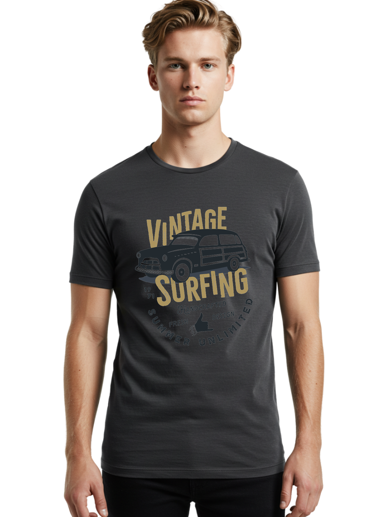 Vintage-Surfing-1 Men'S Graphic Tee, 100% Cotton, Comfortable Casual Summer Wear, Machine Washable, Vintage Surf Car, Retro Surf Culture, Summer Vibes, Surf Inspired Art, Surfer Dude, Cool Car Designs, Classic Surf Style Aab959 4