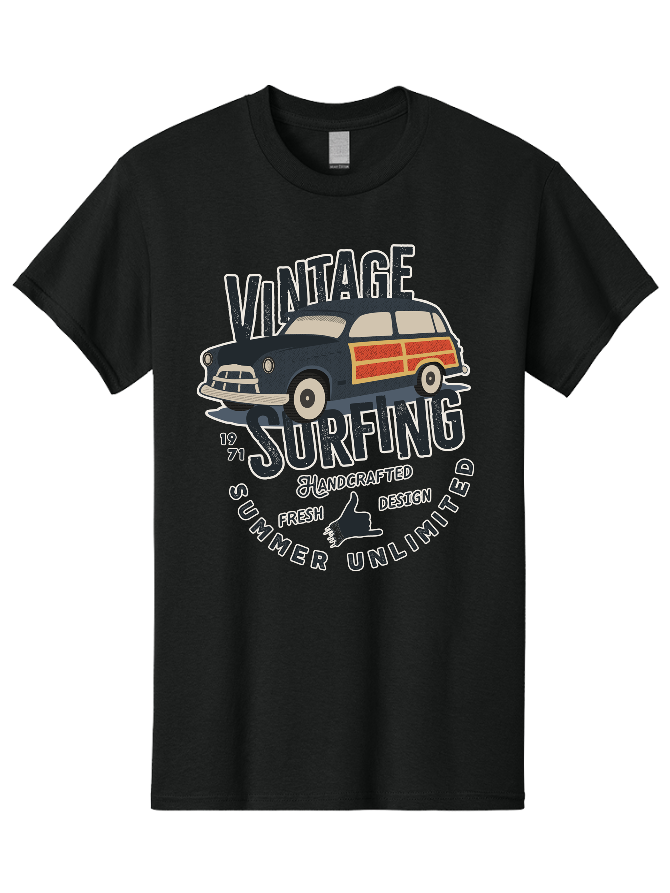 Vintage-Surfing-2 Men'S Graphic Tee, 100% Cotton, Comfortable Casual Summer Wear, Machine Washable, Vintage Surf Car, Surf Culture, Summer Vibes, Retro Design, Handmade Graphics, Shaka Sign, Coastal Style, Surf-Inspired Art, Nostalgic Feel, Aab960 27