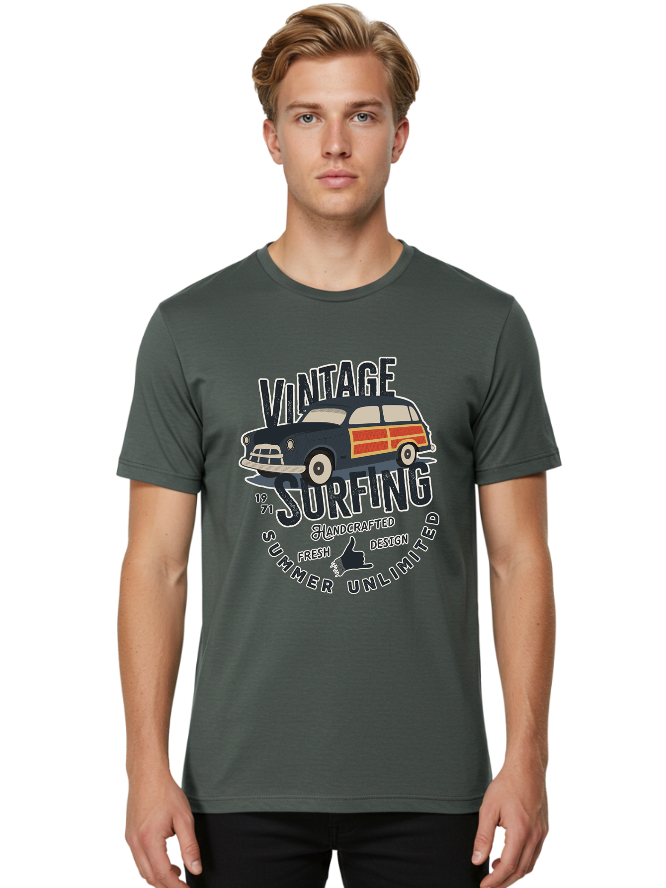 Vintage-Surfing-2 Men'S Graphic Tee, 100% Cotton, Comfortable Casual Summer Wear, Machine Washable, Vintage Surf Car, Surf Culture, Summer Vibes, Retro Design, Handmade Graphics, Shaka Sign, Coastal Style, Surf-Inspired Art, Nostalgic Feel, Aab960 8