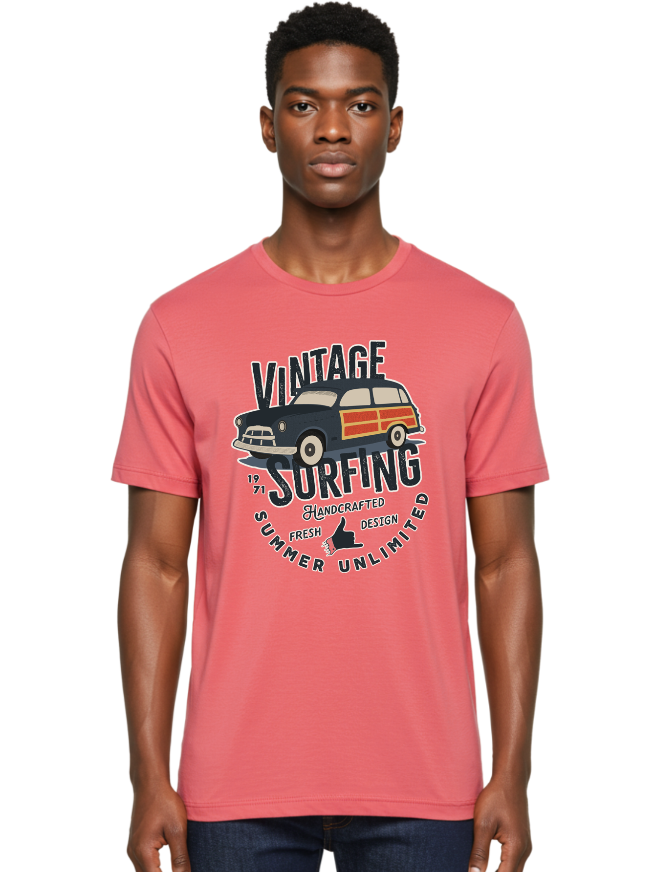 Vintage-Surfing-2 Men'S Graphic Tee, 100% Cotton, Comfortable Casual Summer Wear, Machine Washable, Vintage Surf Car, Surf Culture, Summer Vibes, Retro Design, Handmade Graphics, Shaka Sign, Coastal Style, Surf-Inspired Art, Nostalgic Feel, Aab960 30