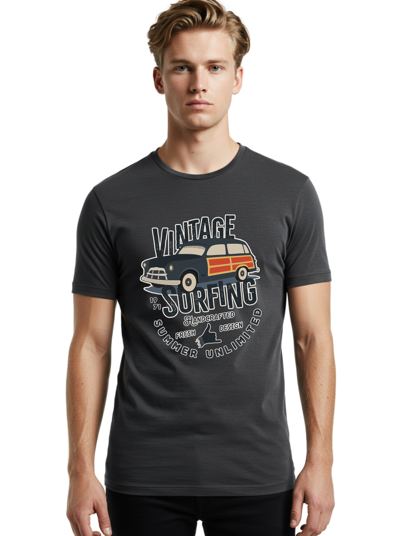 Vintage-Surfing-2 Men'S Graphic Tee, 100% Cotton, Comfortable Casual Summer Wear, Machine Washable, Vintage Surf Car, Surf Culture, Summer Vibes, Retro Design, Handmade Graphics, Shaka Sign, Coastal Style, Surf-Inspired Art, Nostalgic Feel, Aab960 16