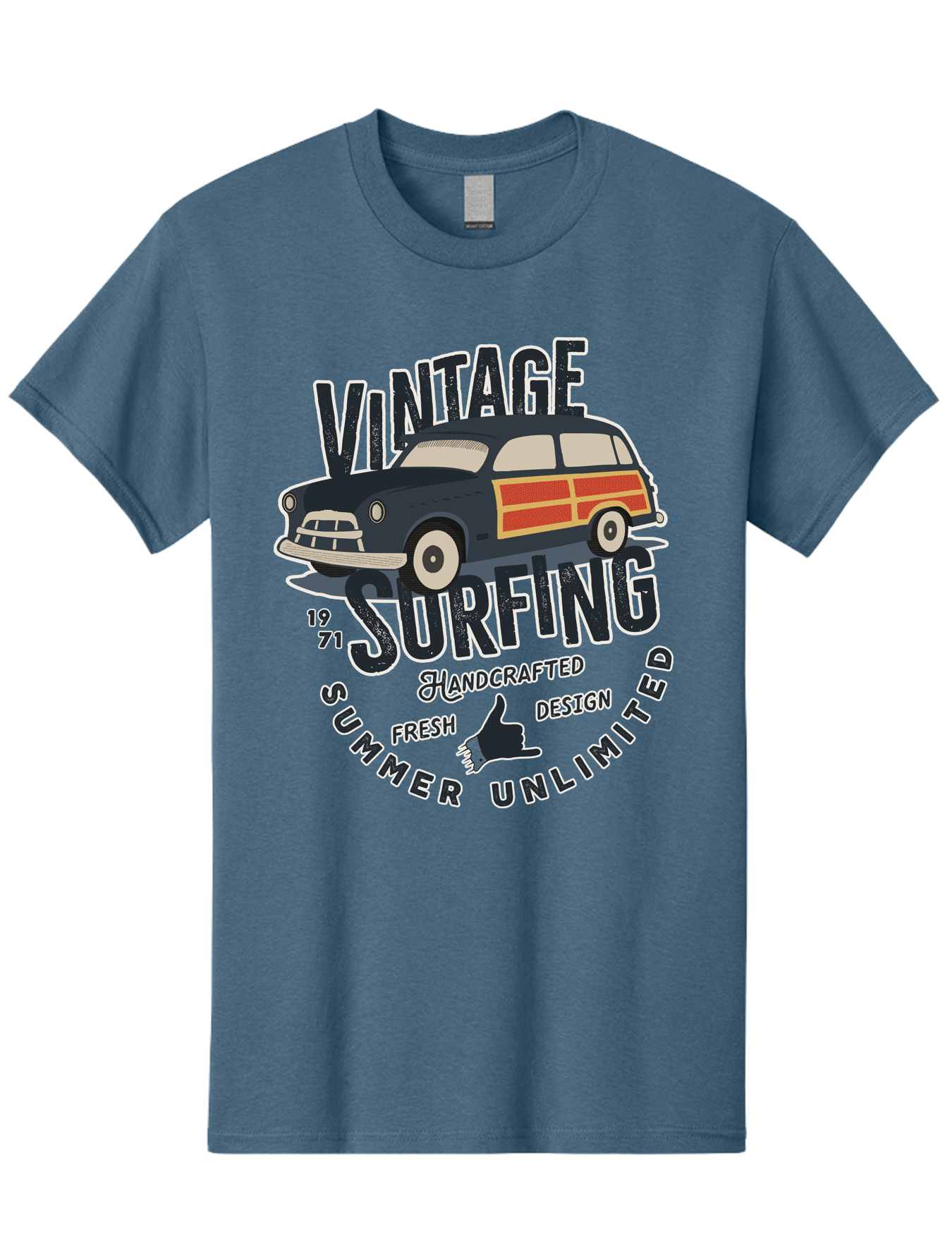 Vintage-Surfing-2 Men'S Graphic Tee, 100% Cotton, Comfortable Casual Summer Wear, Machine Washable, Vintage Surf Car, Surf Culture, Summer Vibes, Retro Design, Handmade Graphics, Shaka Sign, Coastal Style, Surf-Inspired Art, Nostalgic Feel, Aab960 5