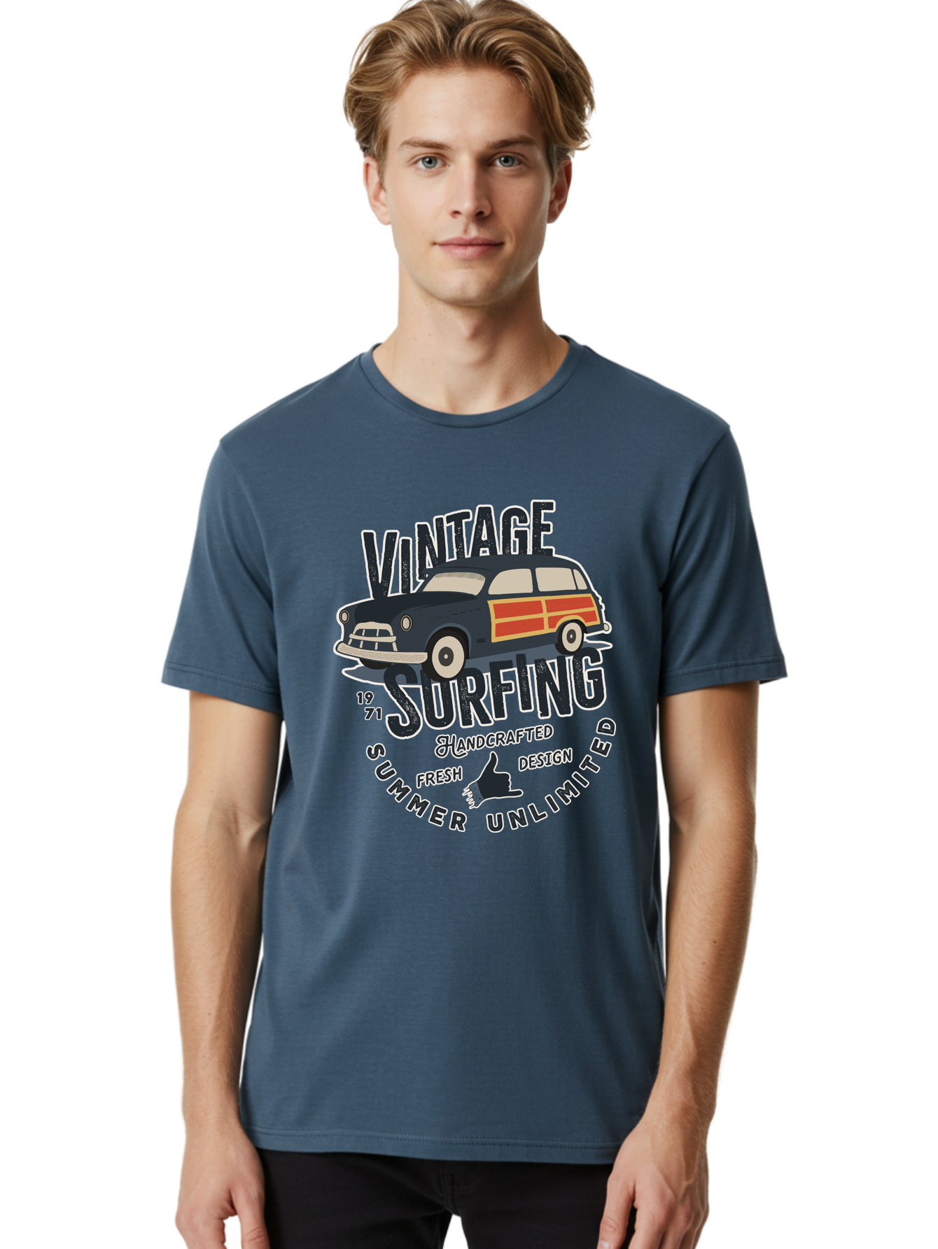 Vintage-Surfing-2 Men'S Graphic Tee, 100% Cotton, Comfortable Casual Summer Wear, Machine Washable, Vintage Surf Car, Surf Culture, Summer Vibes, Retro Design, Handmade Graphics, Shaka Sign, Coastal Style, Surf-Inspired Art, Nostalgic Feel, Aab960 6
