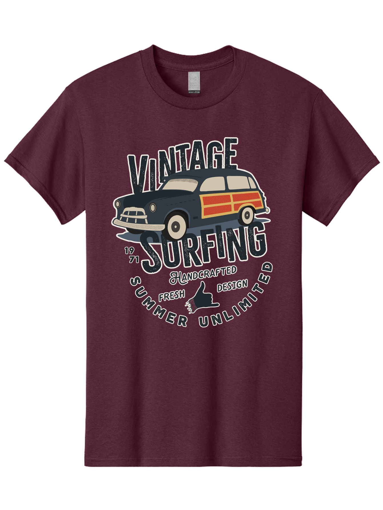 Vintage-Surfing-2 Men'S Graphic Tee, 100% Cotton, Comfortable Casual Summer Wear, Machine Washable, Vintage Surf Car, Surf Culture, Summer Vibes, Retro Design, Handmade Graphics, Shaka Sign, Coastal Style, Surf-Inspired Art, Nostalgic Feel, Aab960 3