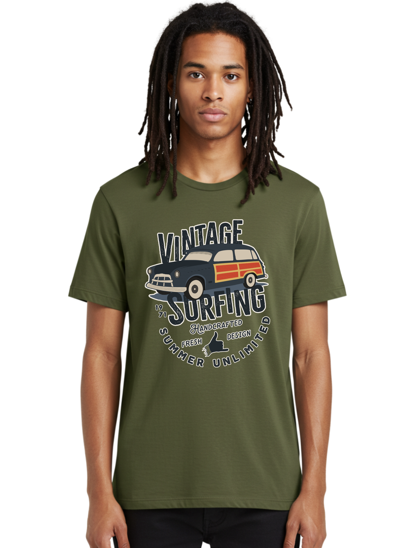 Vintage-Surfing-2 Men'S Graphic Tee, 100% Cotton, Comfortable Casual Summer Wear, Machine Washable, Vintage Surf Car, Surf Culture, Summer Vibes, Retro Design, Handmade Graphics, Shaka Sign, Coastal Style, Surf-Inspired Art, Nostalgic Feel, Aab960 10