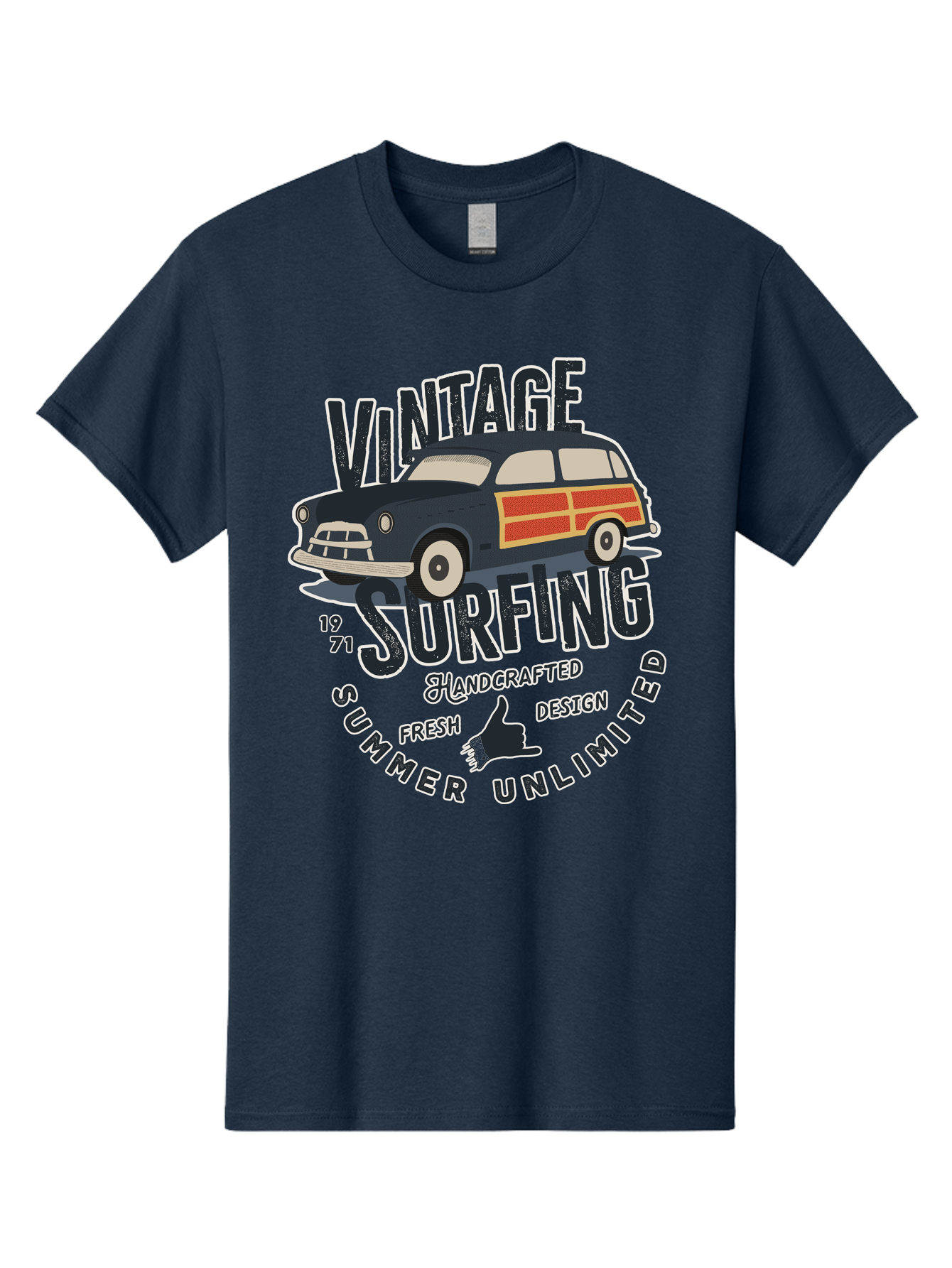Vintage-Surfing-2 Men'S Graphic Tee, 100% Cotton, Comfortable Casual Summer Wear, Machine Washable, Vintage Surf Car, Surf Culture, Summer Vibes, Retro Design, Handmade Graphics, Shaka Sign, Coastal Style, Surf-Inspired Art, Nostalgic Feel, Aab960 1