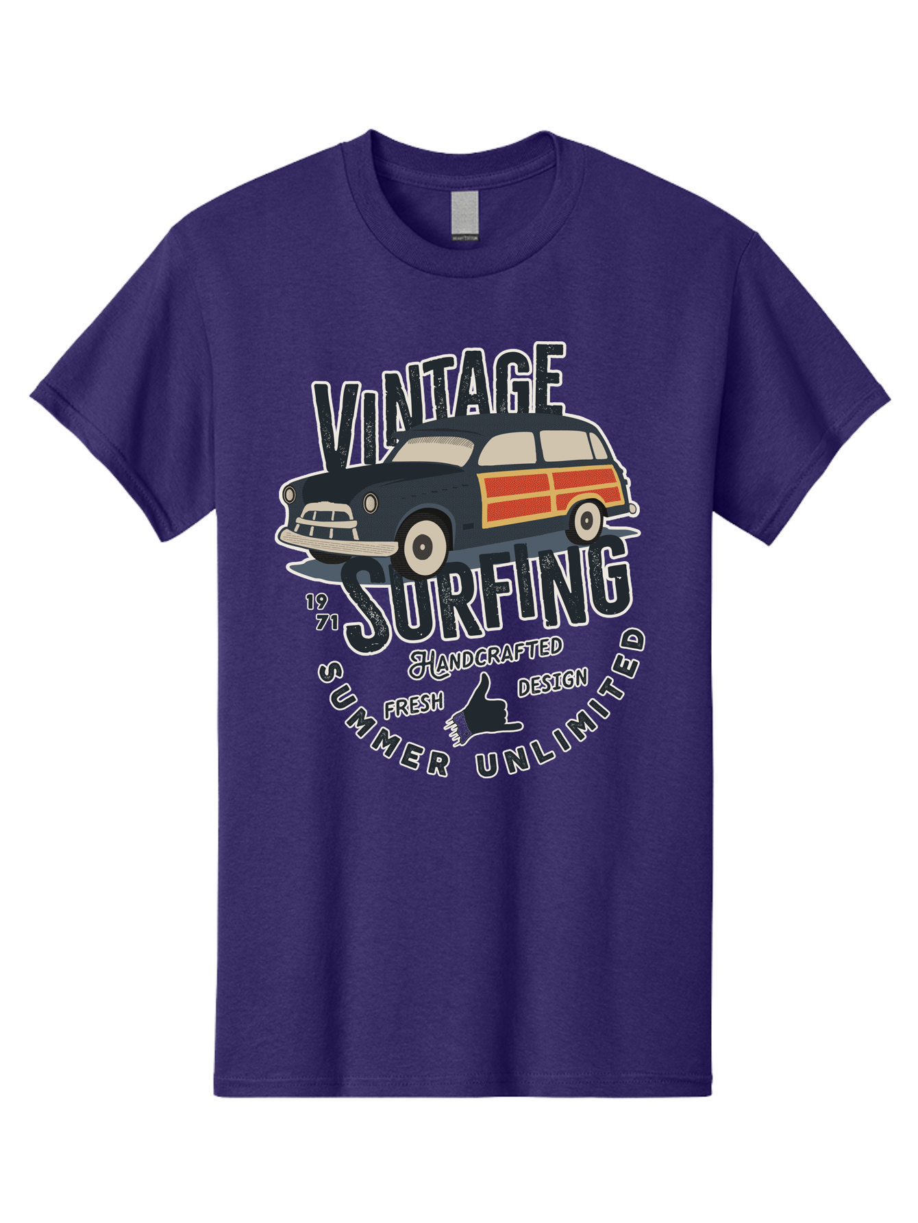 Vintage-Surfing-2 Men'S Graphic Tee, 100% Cotton, Comfortable Casual Summer Wear, Machine Washable, Vintage Surf Car, Surf Culture, Summer Vibes, Retro Design, Handmade Graphics, Shaka Sign, Coastal Style, Surf-Inspired Art, Nostalgic Feel, Aab960 11