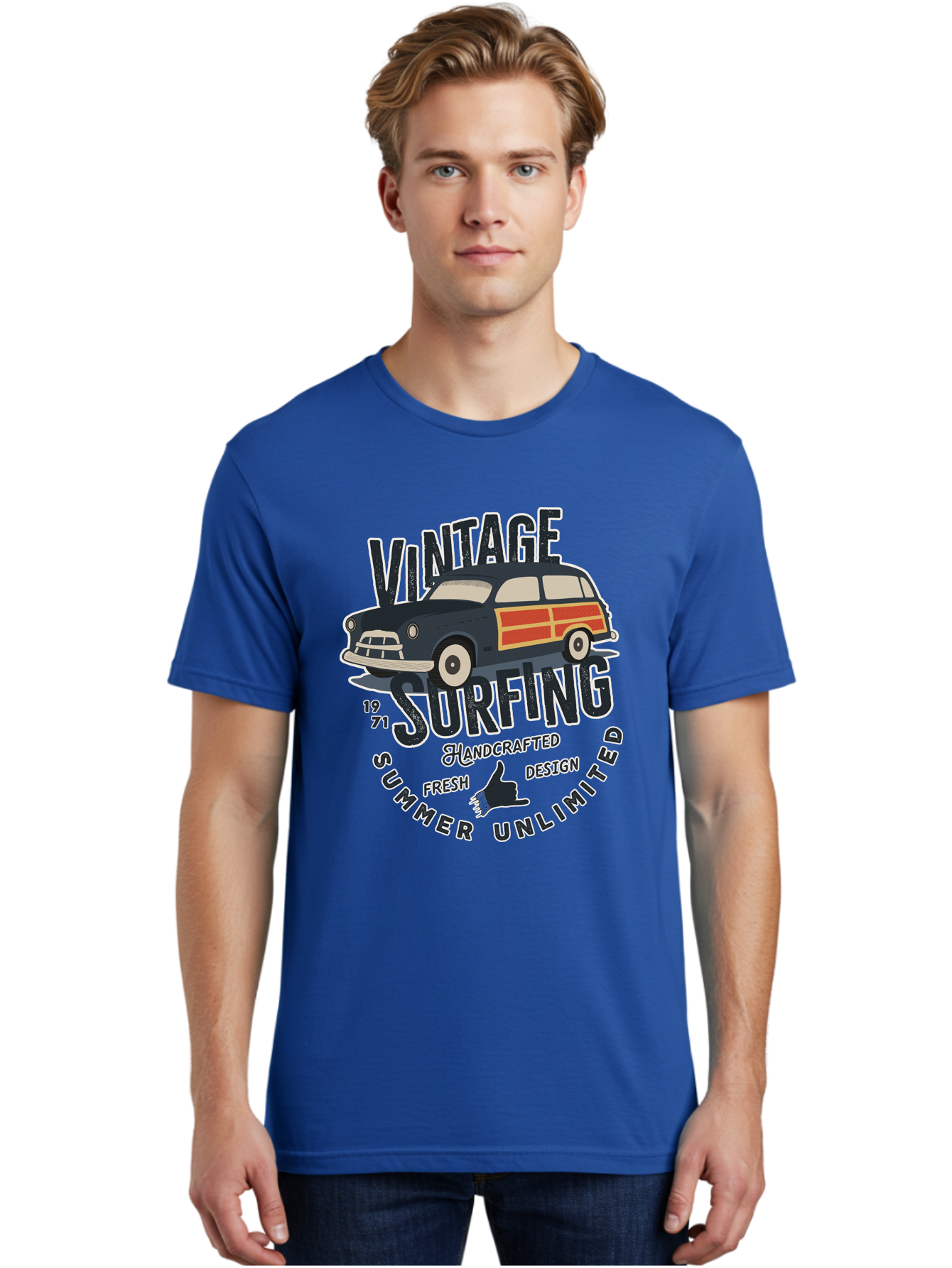 Vintage-Surfing-2 Men'S Graphic Tee, 100% Cotton, Comfortable Casual Summer Wear, Machine Washable, Vintage Surf Car, Surf Culture, Summer Vibes, Retro Design, Handmade Graphics, Shaka Sign, Coastal Style, Surf-Inspired Art, Nostalgic Feel, Aab960 14
