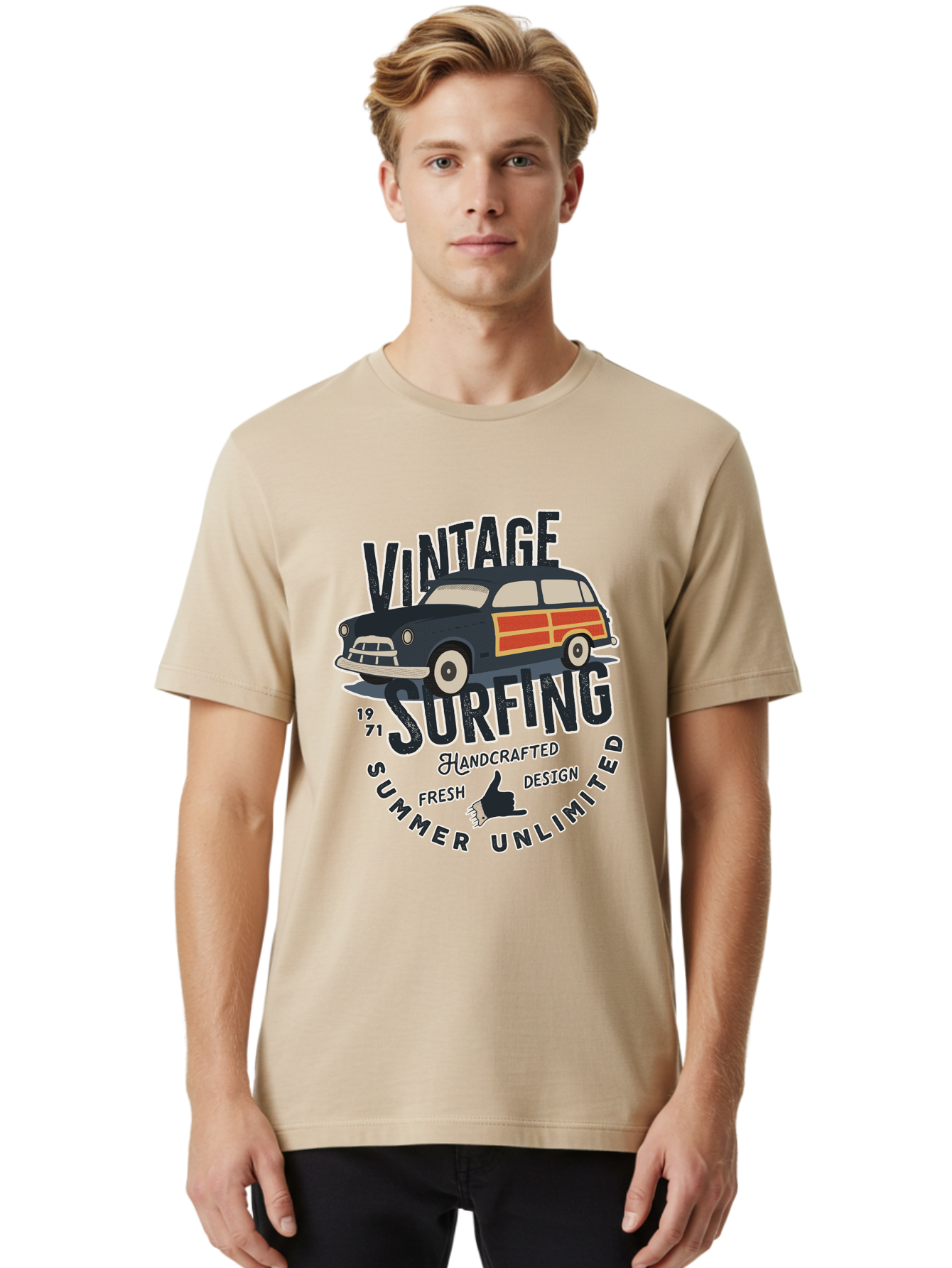 Vintage-Surfing-2 Men'S Graphic Tee, 100% Cotton, Comfortable Casual Summer Wear, Machine Washable, Vintage Surf Car, Surf Culture, Summer Vibes, Retro Design, Handmade Graphics, Shaka Sign, Coastal Style, Surf-Inspired Art, Nostalgic Feel, Aab960 24
