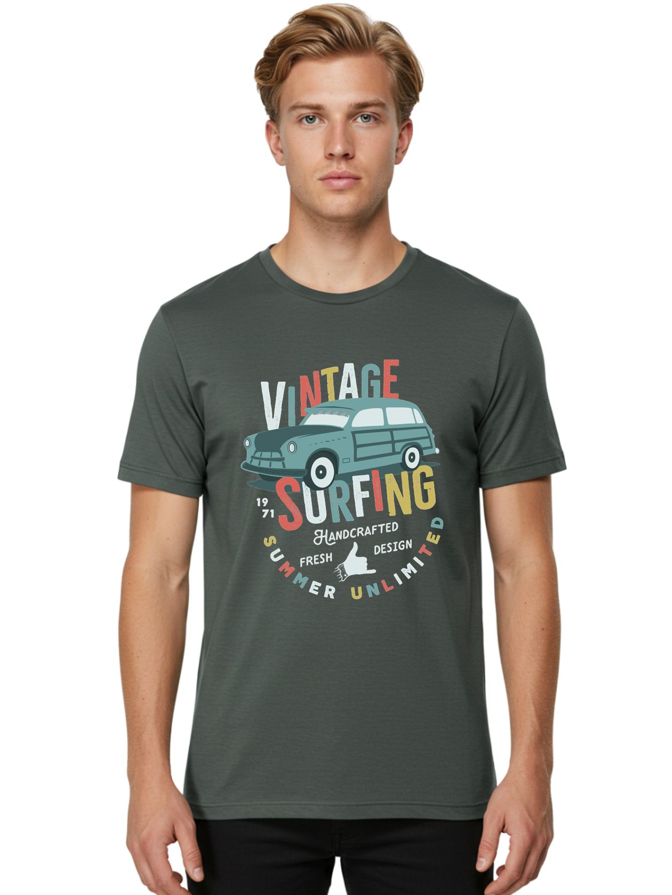 Vintage-Surfing Men'S Graphic Tee, 100% Cotton, Comfortable Casual Summer Wear, Machine Washable, Vintage Car, Surfing Culture, Handcrafted Design, Summer Vibes, Retro Style, Fresh Design, Thumbs Up, 1971, Unlimited Summer, Nostalgic Feel, Aab961 12