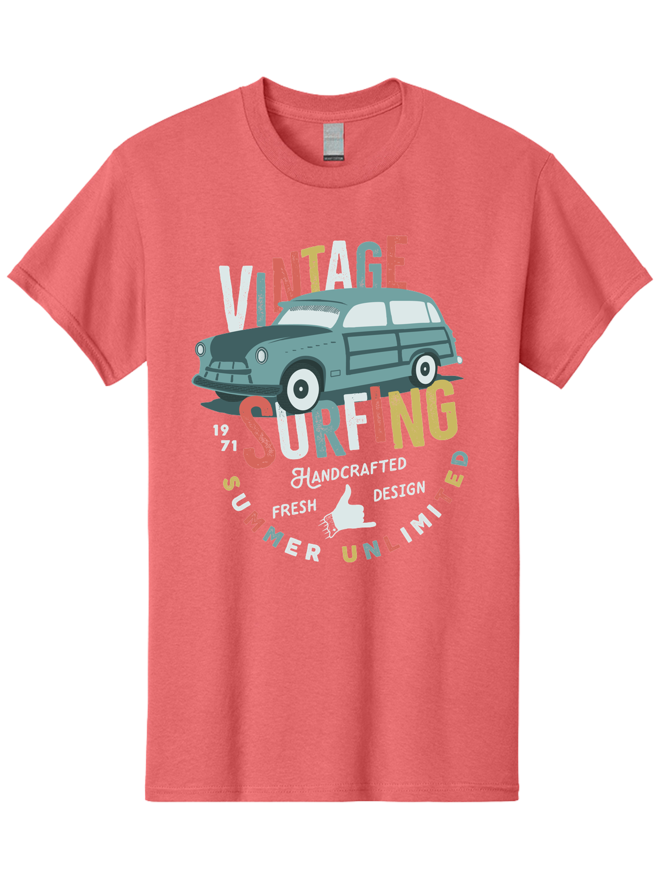 Vintage-Surfing Men'S Graphic Tee, 100% Cotton, Comfortable Casual Summer Wear, Machine Washable, Vintage Car, Surfing Culture, Handcrafted Design, Summer Vibes, Retro Style, Fresh Design, Thumbs Up, 1971, Unlimited Summer, Nostalgic Feel, Aab961 5