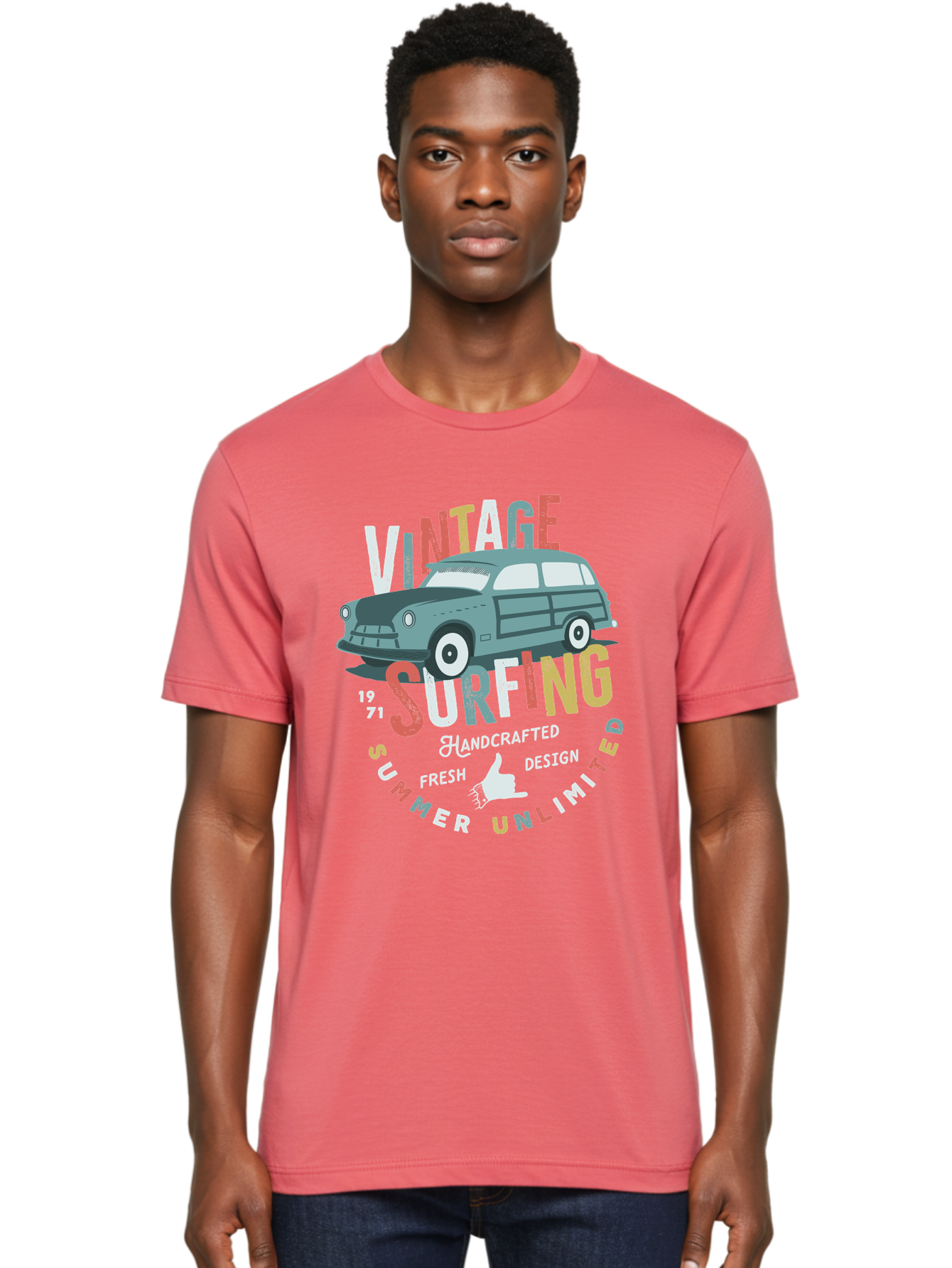 Vintage-Surfing Men'S Graphic Tee, 100% Cotton, Comfortable Casual Summer Wear, Machine Washable, Vintage Car, Surfing Culture, Handcrafted Design, Summer Vibes, Retro Style, Fresh Design, Thumbs Up, 1971, Unlimited Summer, Nostalgic Feel, Aab961 6