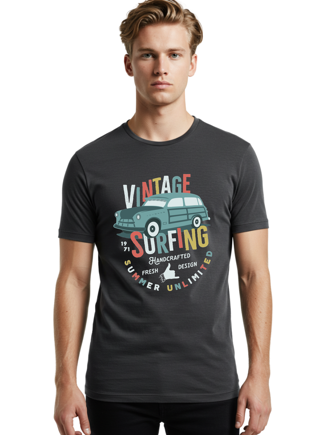 Vintage-Surfing Men'S Graphic Tee, 100% Cotton, Comfortable Casual Summer Wear, Machine Washable, Vintage Car, Surfing Culture, Handcrafted Design, Summer Vibes, Retro Style, Fresh Design, Thumbs Up, 1971, Unlimited Summer, Nostalgic Feel, Aab961 16
