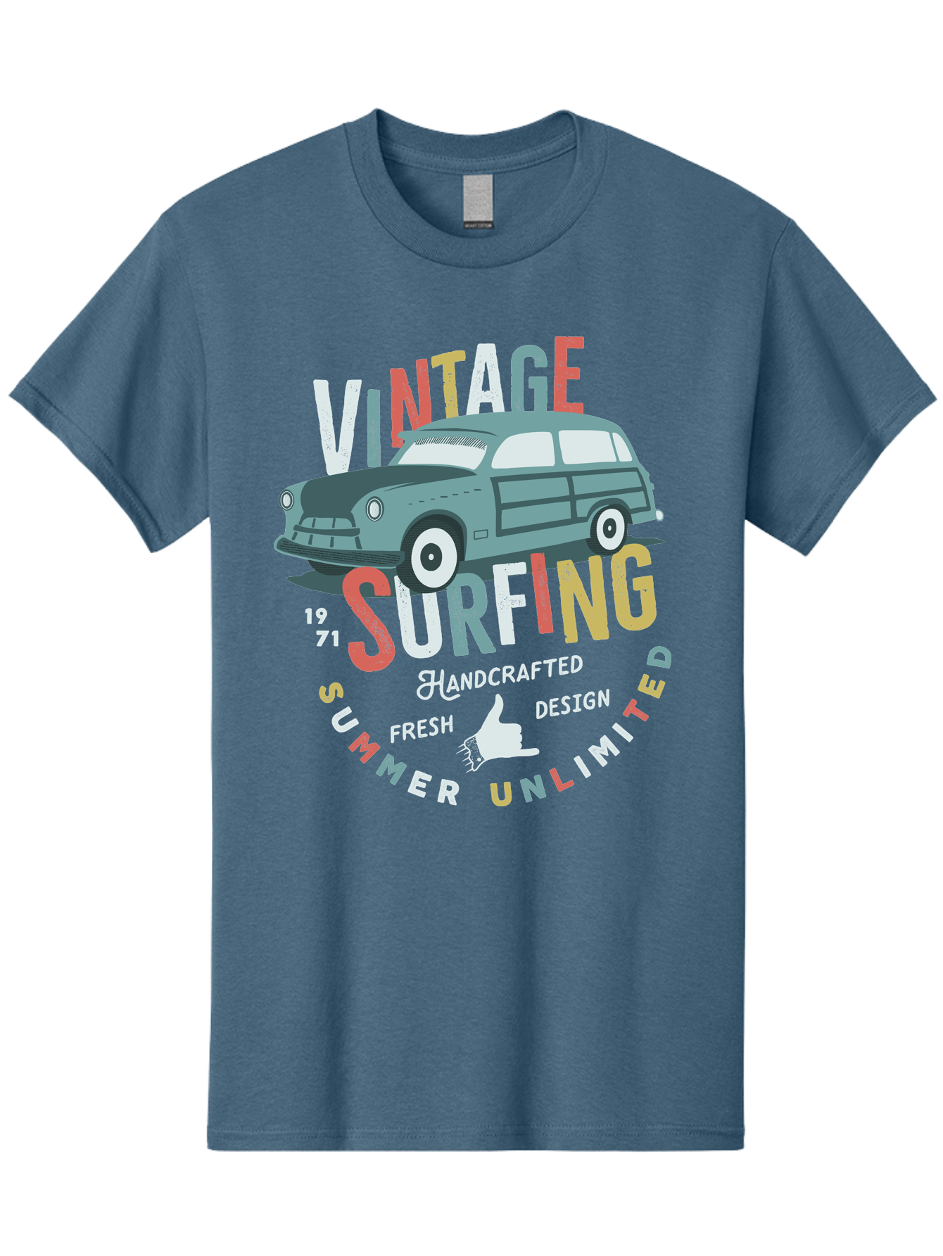 Vintage-Surfing Men'S Graphic Tee, 100% Cotton, Comfortable Casual Summer Wear, Machine Washable, Vintage Car, Surfing Culture, Handcrafted Design, Summer Vibes, Retro Style, Fresh Design, Thumbs Up, 1971, Unlimited Summer, Nostalgic Feel, Aab961 13