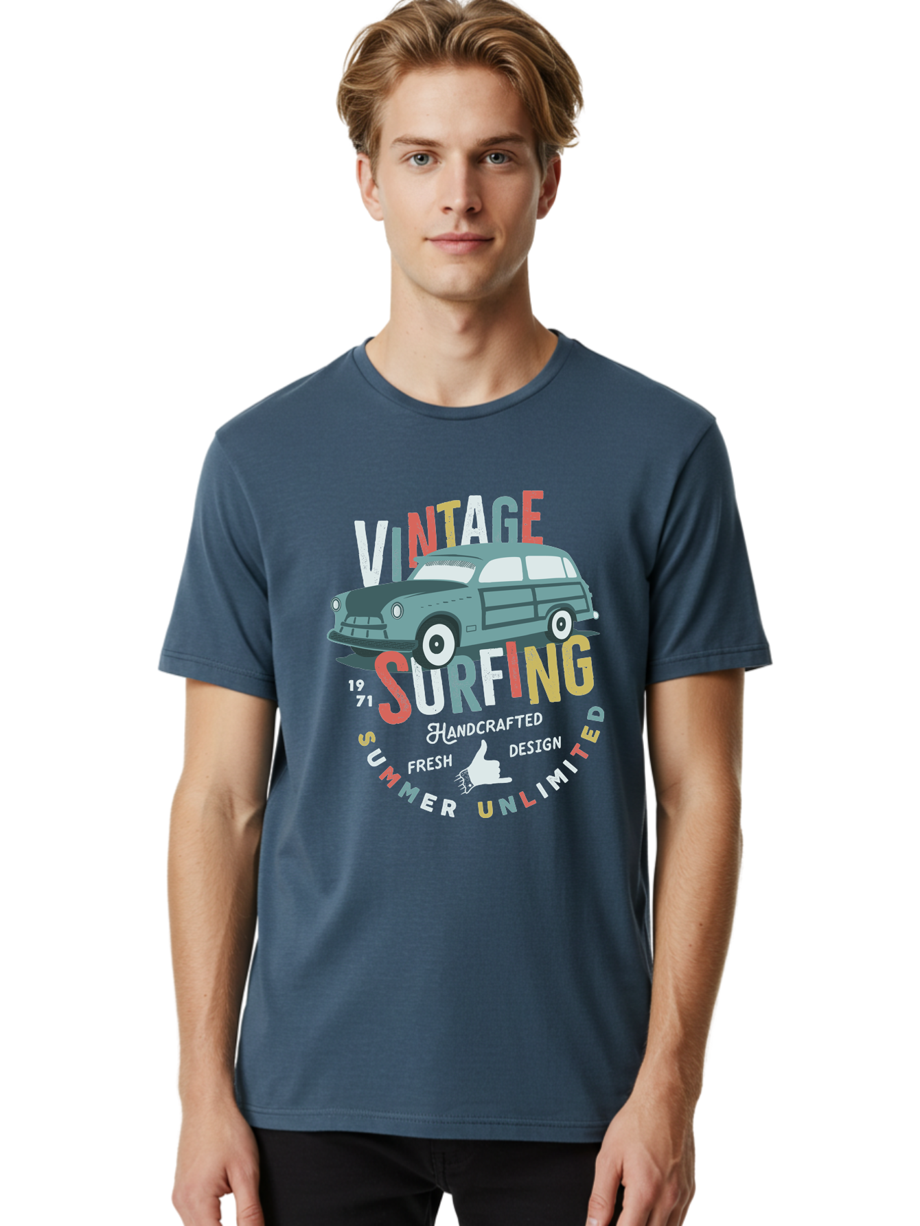 Vintage-Surfing Men'S Graphic Tee, 100% Cotton, Comfortable Casual Summer Wear, Machine Washable, Vintage Car, Surfing Culture, Handcrafted Design, Summer Vibes, Retro Style, Fresh Design, Thumbs Up, 1971, Unlimited Summer, Nostalgic Feel, Aab961 14