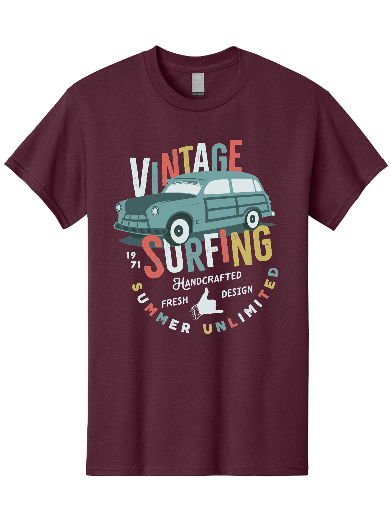 Vintage-Surfing Men'S Graphic Tee, 100% Cotton, Comfortable Casual Summer Wear, Machine Washable, Vintage Car, Surfing Culture, Handcrafted Design, Summer Vibes, Retro Style, Fresh Design, Thumbs Up, 1971, Unlimited Summer, Nostalgic Feel, Aab961 19
