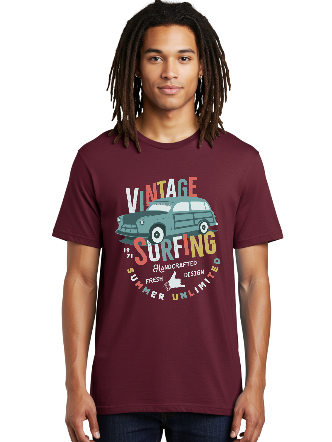 Vintage-Surfing Men'S Graphic Tee, 100% Cotton, Comfortable Casual Summer Wear, Machine Washable, Vintage Car, Surfing Culture, Handcrafted Design, Summer Vibes, Retro Style, Fresh Design, Thumbs Up, 1971, Unlimited Summer, Nostalgic Feel, Aab961 20