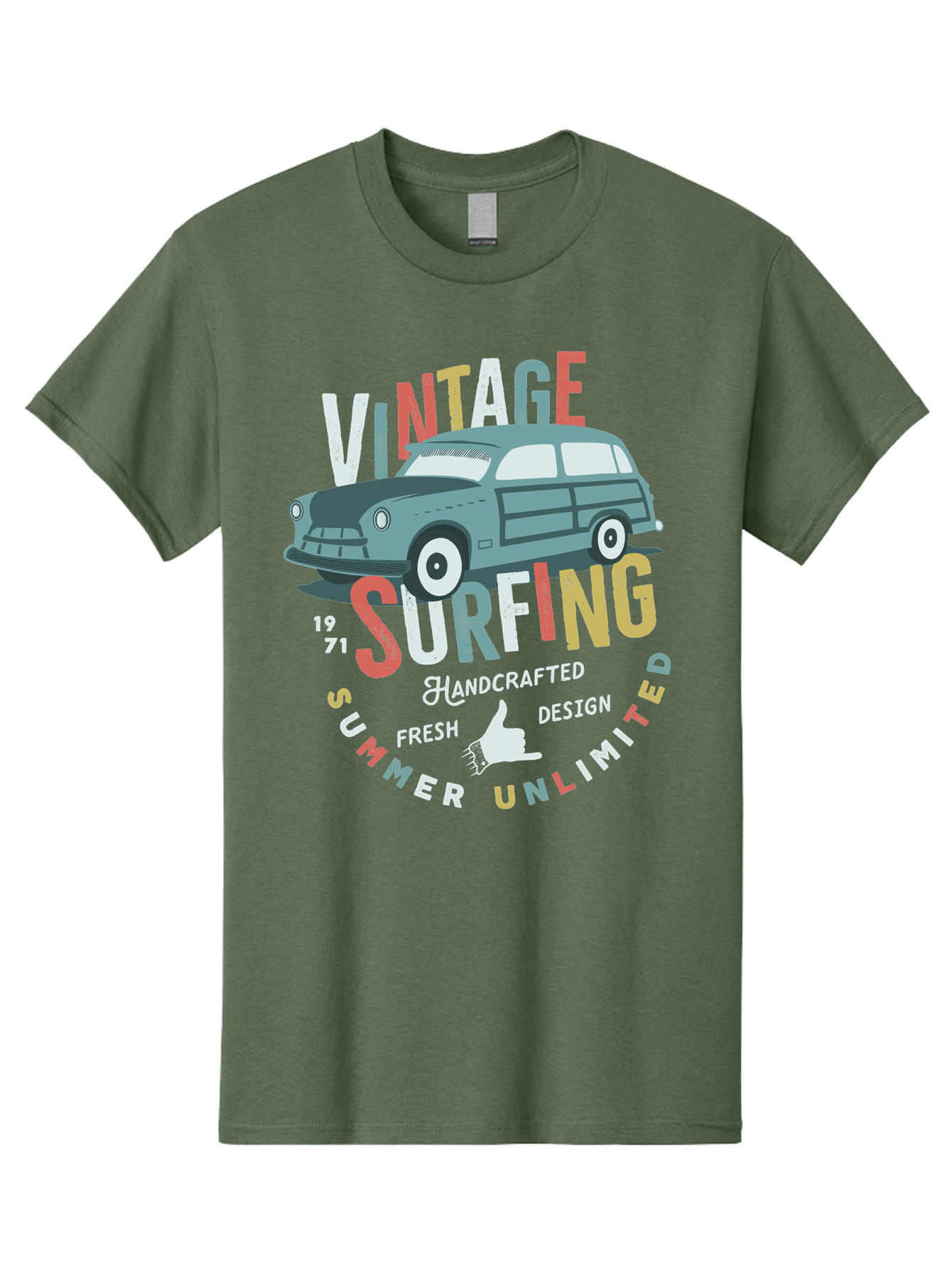 Vintage-Surfing Men'S Graphic Tee, 100% Cotton, Comfortable Casual Summer Wear, Machine Washable, Vintage Car, Surfing Culture, Handcrafted Design, Summer Vibes, Retro Style, Fresh Design, Thumbs Up, 1971, Unlimited Summer, Nostalgic Feel, Aab961 25