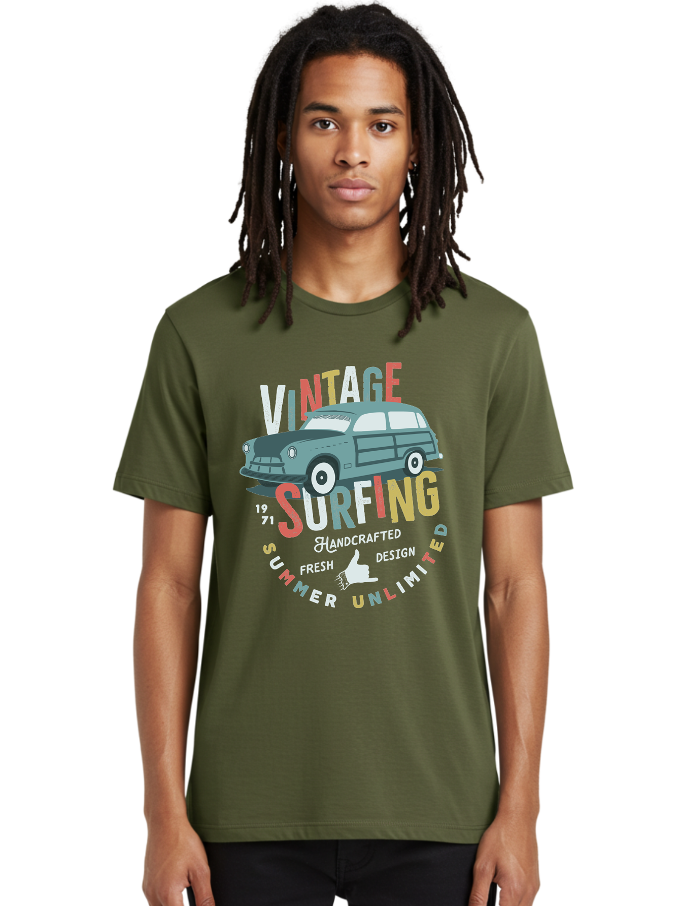 Vintage-Surfing Men'S Graphic Tee, 100% Cotton, Comfortable Casual Summer Wear, Machine Washable, Vintage Car, Surfing Culture, Handcrafted Design, Summer Vibes, Retro Style, Fresh Design, Thumbs Up, 1971, Unlimited Summer, Nostalgic Feel, Aab961 26