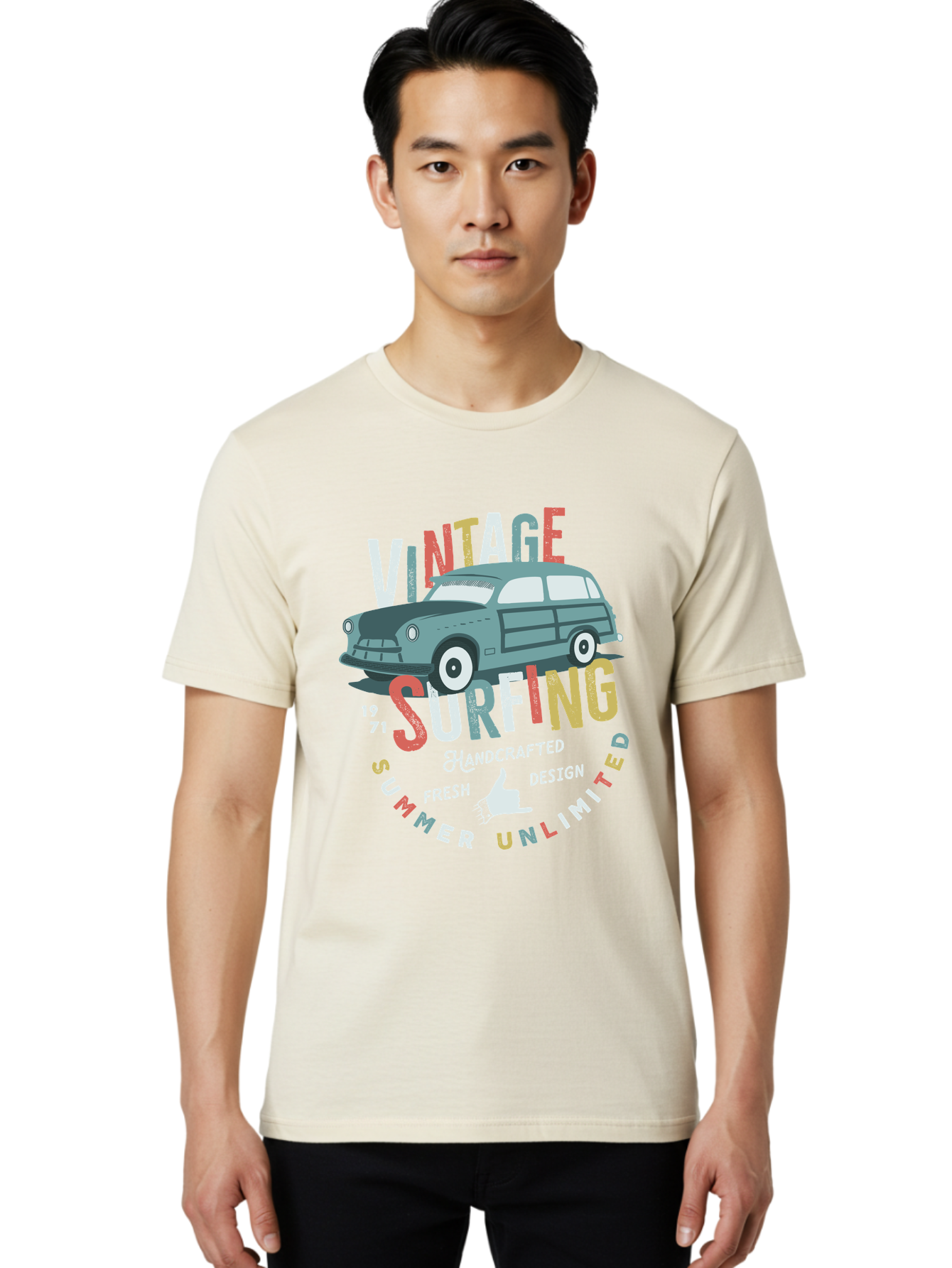 Vintage-Surfing Men'S Graphic Tee, 100% Cotton, Comfortable Casual Summer Wear, Machine Washable, Vintage Car, Surfing Culture, Handcrafted Design, Summer Vibes, Retro Style, Fresh Design, Thumbs Up, 1971, Unlimited Summer, Nostalgic Feel, Aab961 10