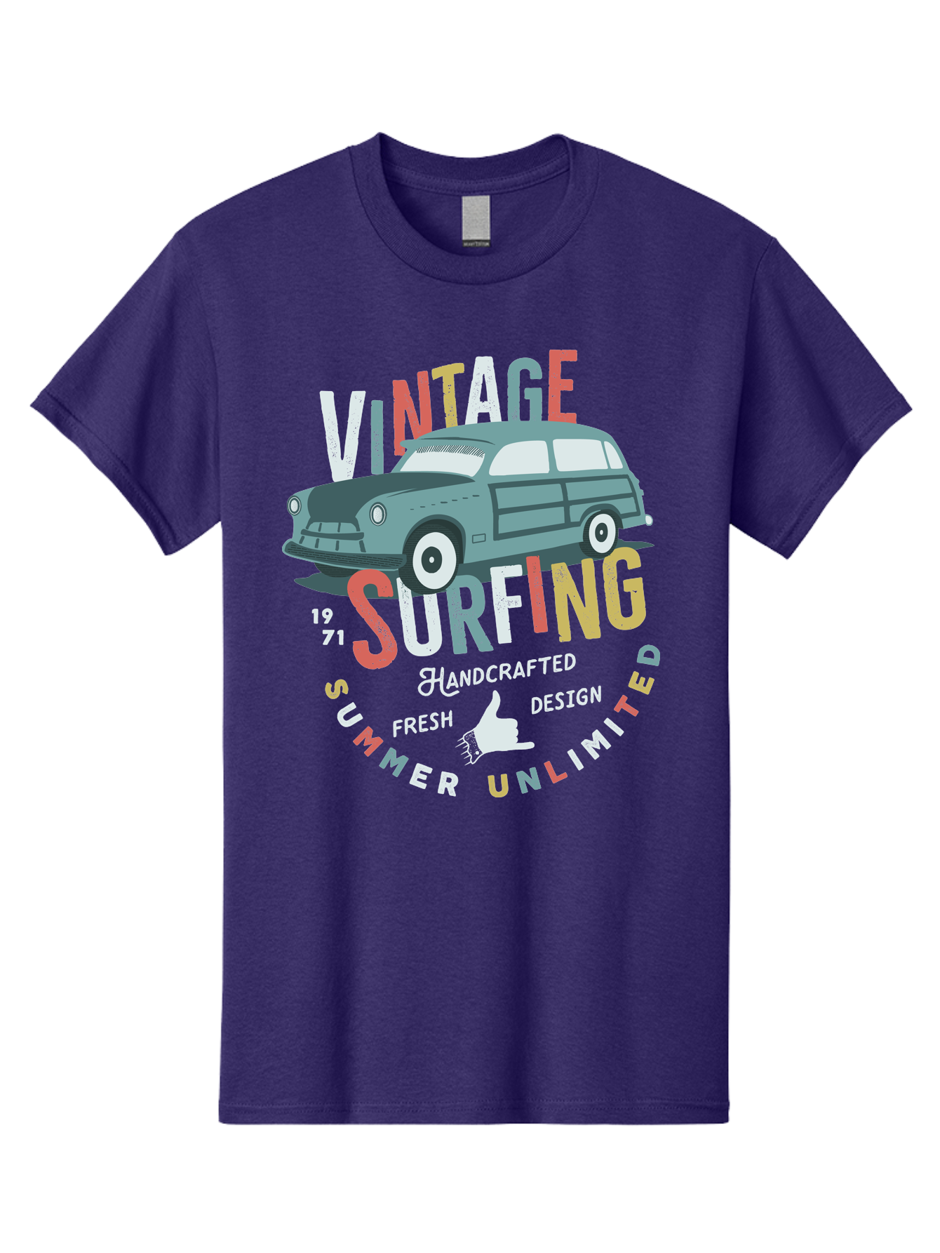 Vintage-Surfing Men'S Graphic Tee, 100% Cotton, Comfortable Casual Summer Wear, Machine Washable, Vintage Car, Surfing Culture, Handcrafted Design, Summer Vibes, Retro Style, Fresh Design, Thumbs Up, 1971, Unlimited Summer, Nostalgic Feel, Aab961 23