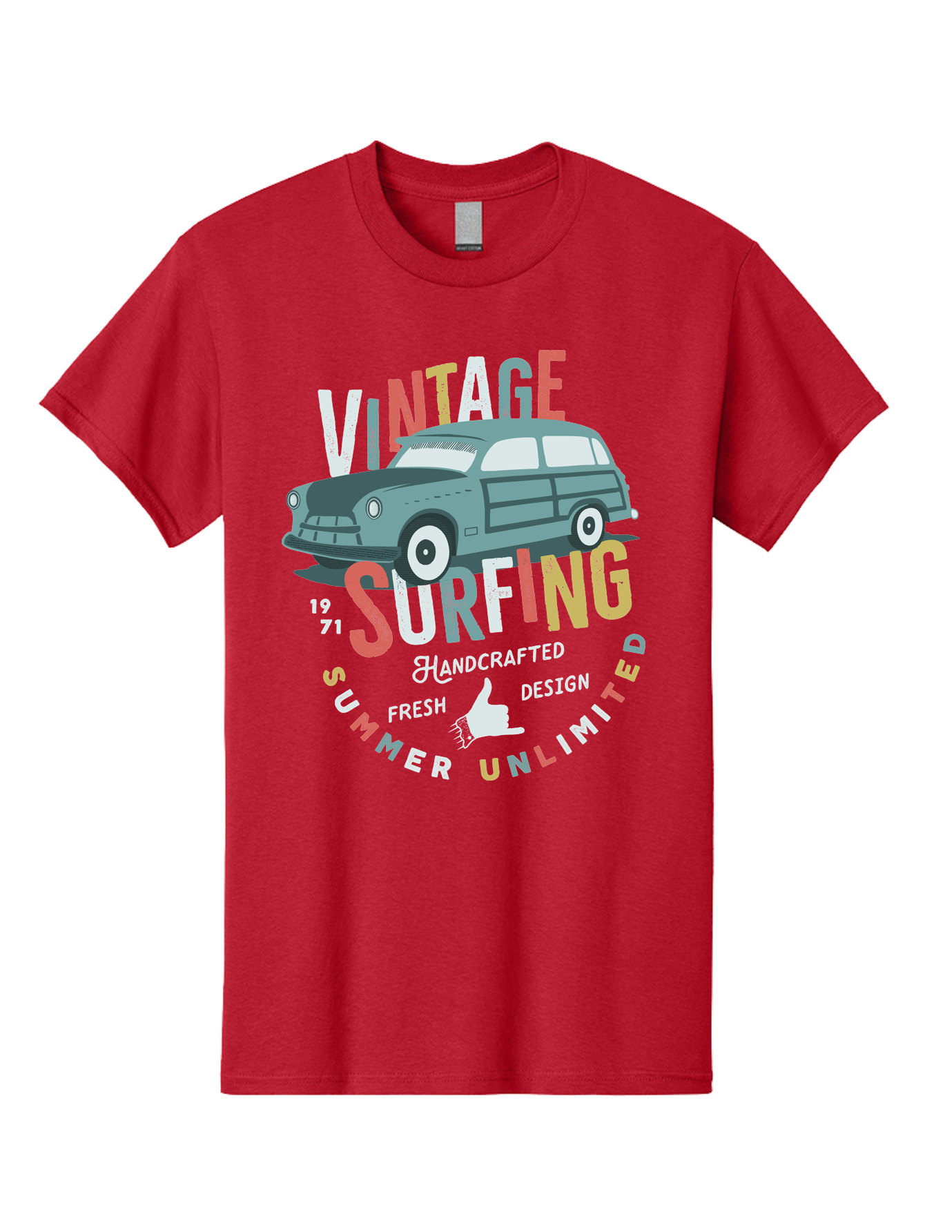 Vintage-Surfing Men'S Graphic Tee, 100% Cotton, Comfortable Casual Summer Wear, Machine Washable, Vintage Car, Surfing Culture, Handcrafted Design, Summer Vibes, Retro Style, Fresh Design, Thumbs Up, 1971, Unlimited Summer, Nostalgic Feel, Aab961 29