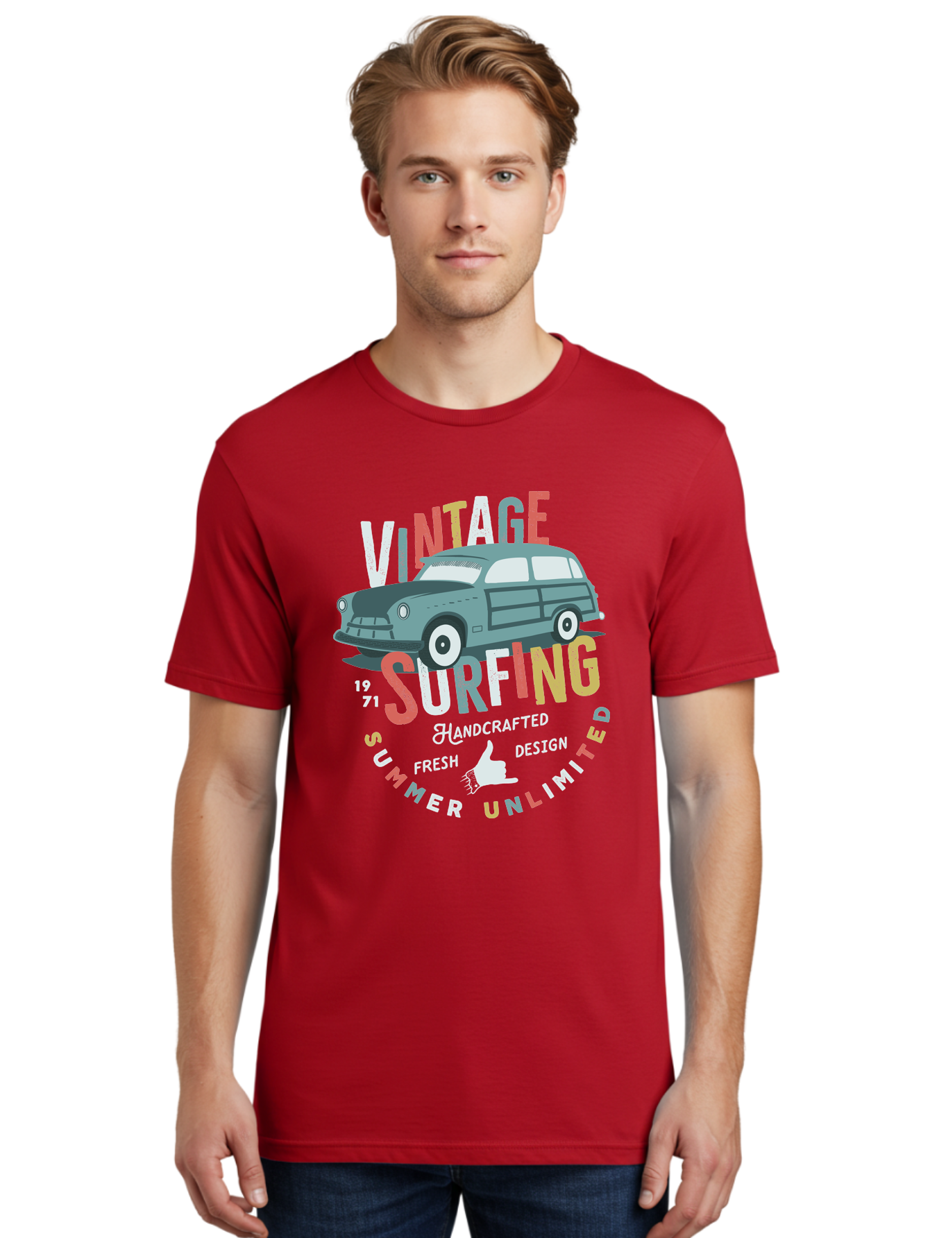 Vintage-Surfing Men'S Graphic Tee, 100% Cotton, Comfortable Casual Summer Wear, Machine Washable, Vintage Car, Surfing Culture, Handcrafted Design, Summer Vibes, Retro Style, Fresh Design, Thumbs Up, 1971, Unlimited Summer, Nostalgic Feel, Aab961 30