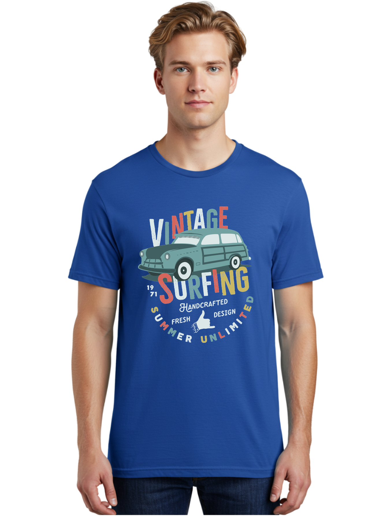 Vintage-Surfing Men'S Graphic Tee, 100% Cotton, Comfortable Casual Summer Wear, Machine Washable, Vintage Car, Surfing Culture, Handcrafted Design, Summer Vibes, Retro Style, Fresh Design, Thumbs Up, 1971, Unlimited Summer, Nostalgic Feel, Aab961 28