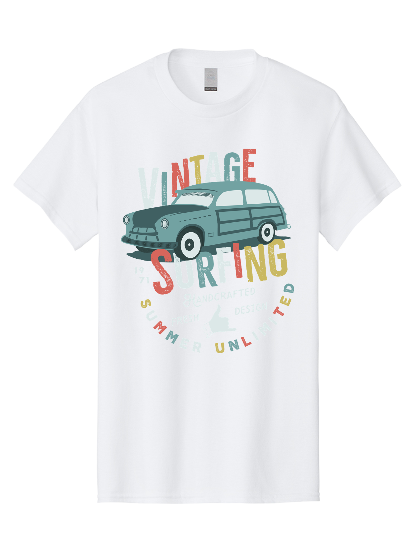 Vintage-Surfing Men'S Graphic Tee, 100% Cotton, Comfortable Casual Summer Wear, Machine Washable, Vintage Car, Surfing Culture, Handcrafted Design, Summer Vibes, Retro Style, Fresh Design, Thumbs Up, 1971, Unlimited Summer, Nostalgic Feel, Aab961 3