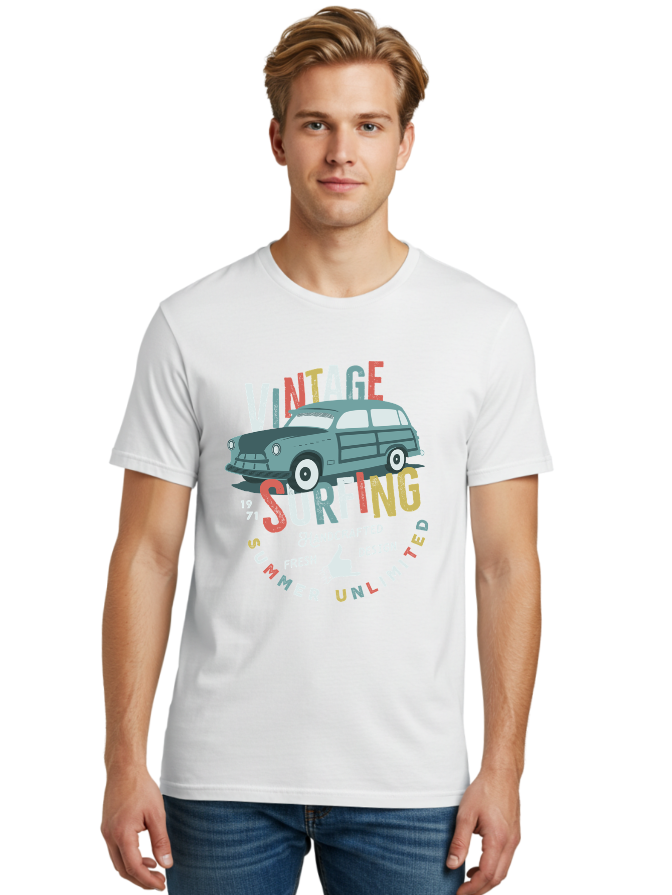 Vintage-Surfing Men'S Graphic Tee, 100% Cotton, Comfortable Casual Summer Wear, Machine Washable, Vintage Car, Surfing Culture, Handcrafted Design, Summer Vibes, Retro Style, Fresh Design, Thumbs Up, 1971, Unlimited Summer, Nostalgic Feel, Aab961 4