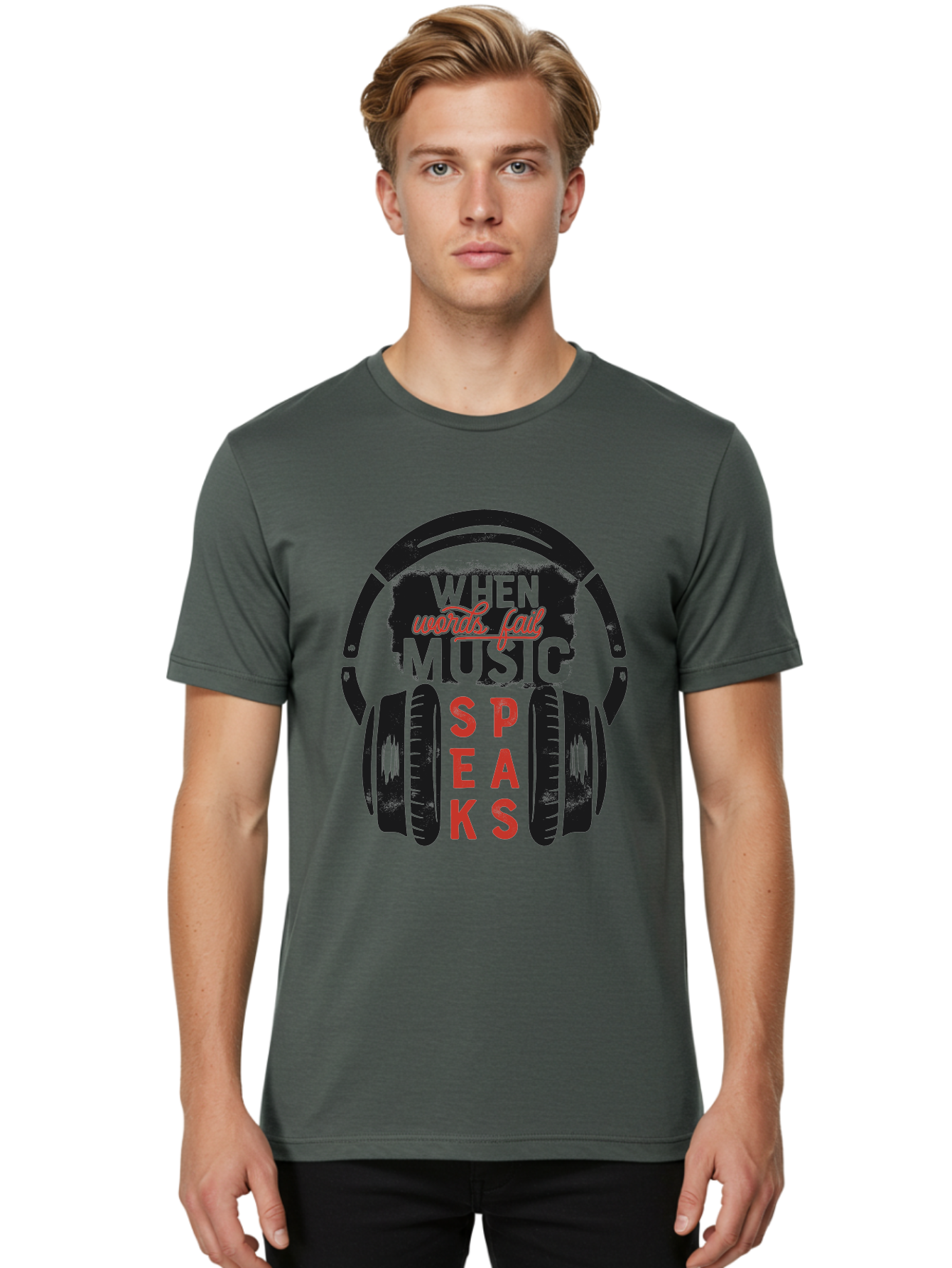 When-Words-Fail-Music-Speaks Men'S Graphic Tee, 100% Cotton, Comfortable Casual Summer Wear, Machine Washable, Inspirational Quote, Music Lover, Headphone Illustration, Motivational Phrase, Music Speaks, Words Fail, Sound Waves, Music Art Aab963 18