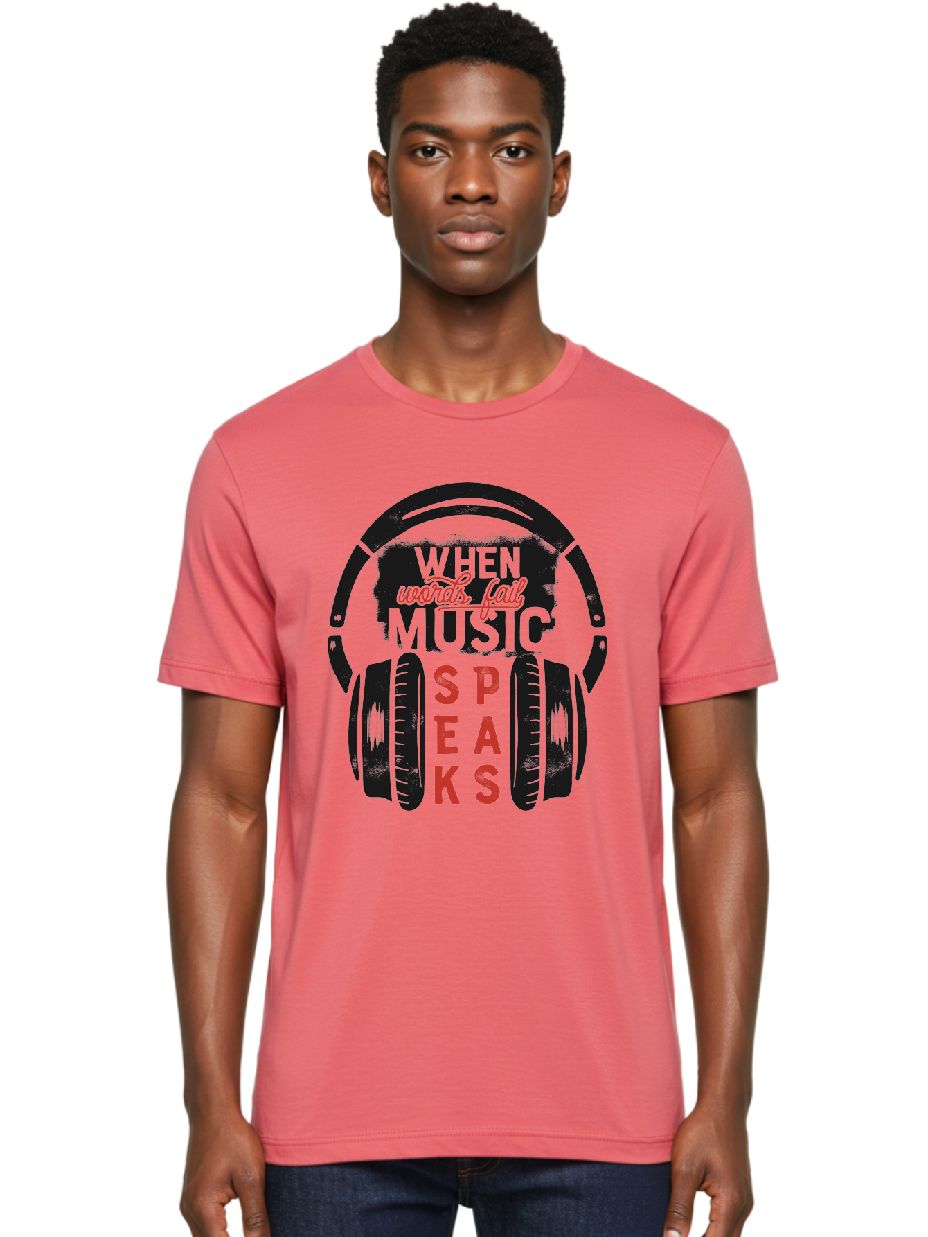 When-Words-Fail-Music-Speaks Men'S Graphic Tee, 100% Cotton, Comfortable Casual Summer Wear, Machine Washable, Inspirational Quote, Music Lover, Headphone Illustration, Motivational Phrase, Music Speaks, Words Fail, Sound Waves, Music Art Aab963 22
