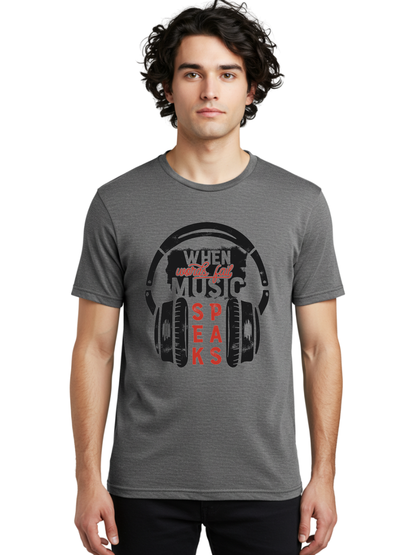 When-Words-Fail-Music-Speaks Men'S Graphic Tee, 100% Cotton, Comfortable Casual Summer Wear, Machine Washable, Inspirational Quote, Music Lover, Headphone Illustration, Motivational Phrase, Music Speaks, Words Fail, Sound Waves, Music Art Aab963 10