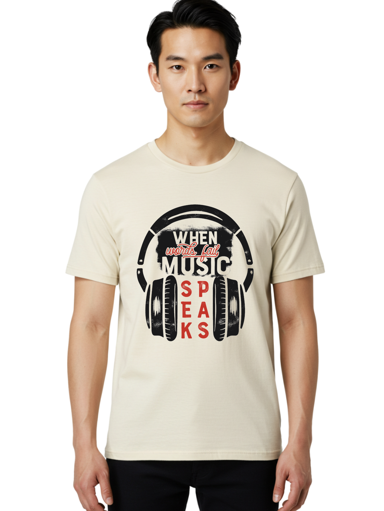 When-Words-Fail-Music-Speaks Men'S Graphic Tee, 100% Cotton, Comfortable Casual Summer Wear, Machine Washable, Inspirational Quote, Music Lover, Headphone Illustration, Motivational Phrase, Music Speaks, Words Fail, Sound Waves, Music Art Aab963 8