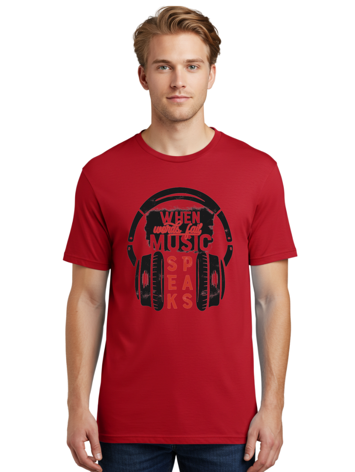 When-Words-Fail-Music-Speaks Men'S Graphic Tee, 100% Cotton, Comfortable Casual Summer Wear, Machine Washable, Inspirational Quote, Music Lover, Headphone Illustration, Motivational Phrase, Music Speaks, Words Fail, Sound Waves, Music Art Aab963 30